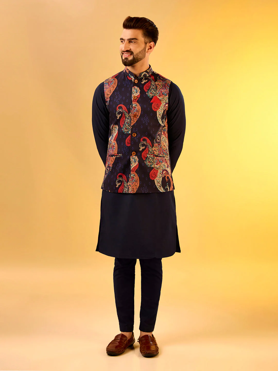 Navy Cotton Silk Printed Nehru Jacket Kurta Trouser