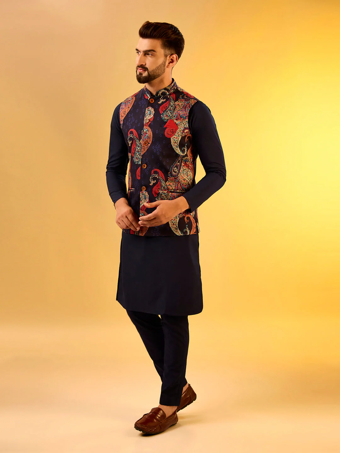 Navy Cotton Silk Printed Nehru Jacket Kurta Trouser - Image 2