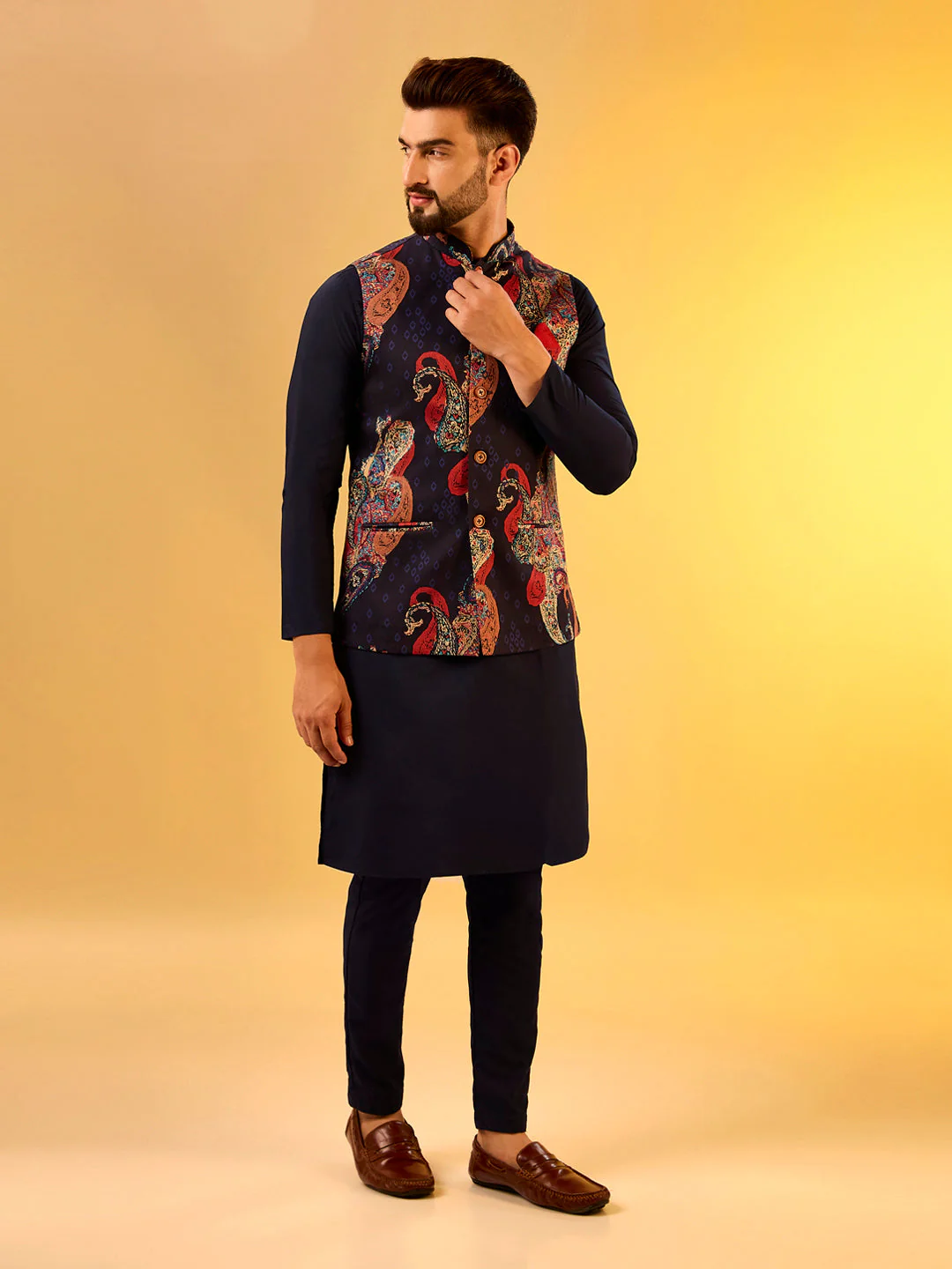 Navy Cotton Silk Printed Nehru Jacket Kurta Trouser - Image 3