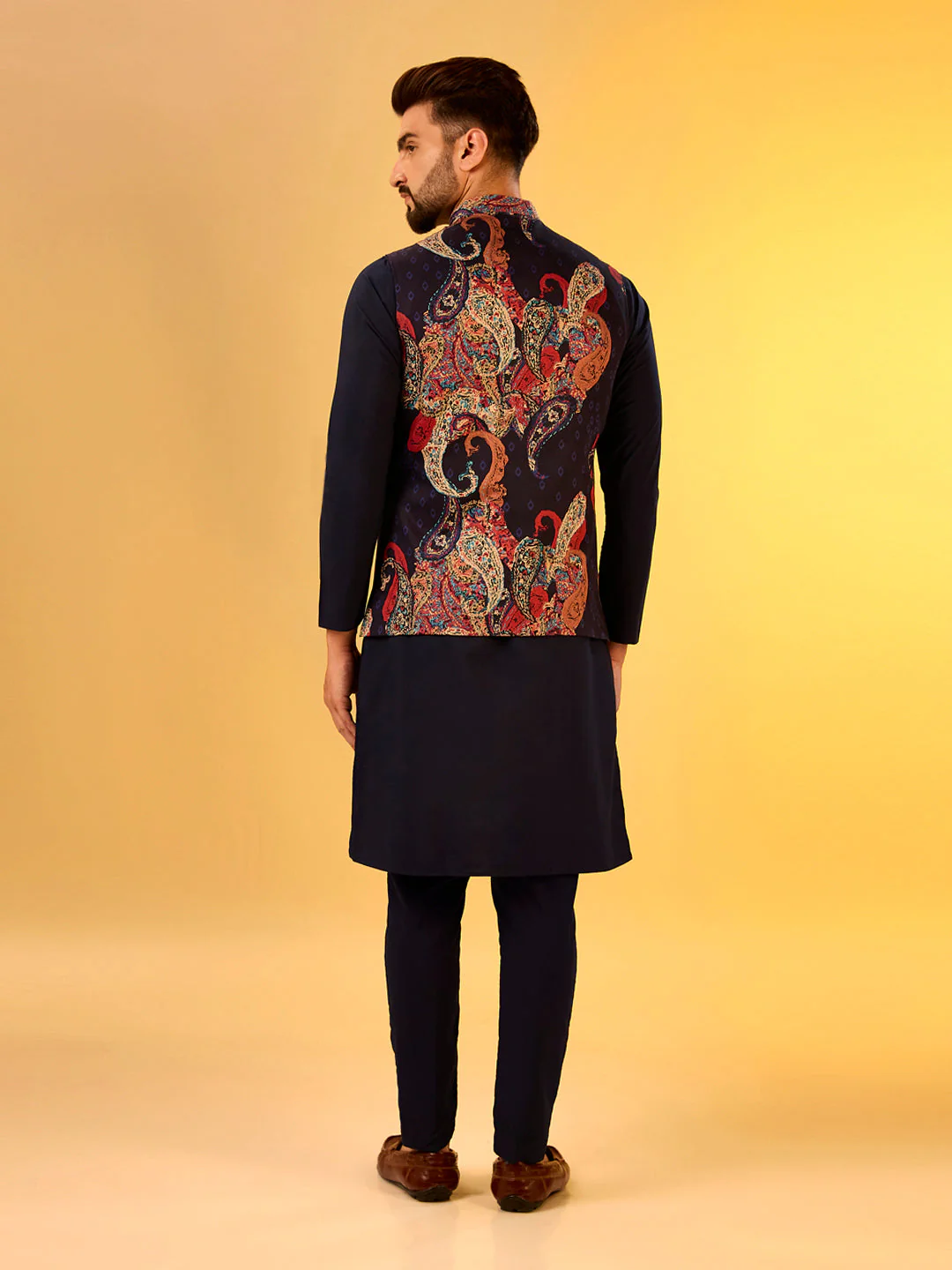 Navy Cotton Silk Printed Nehru Jacket Kurta Trouser - Image 4