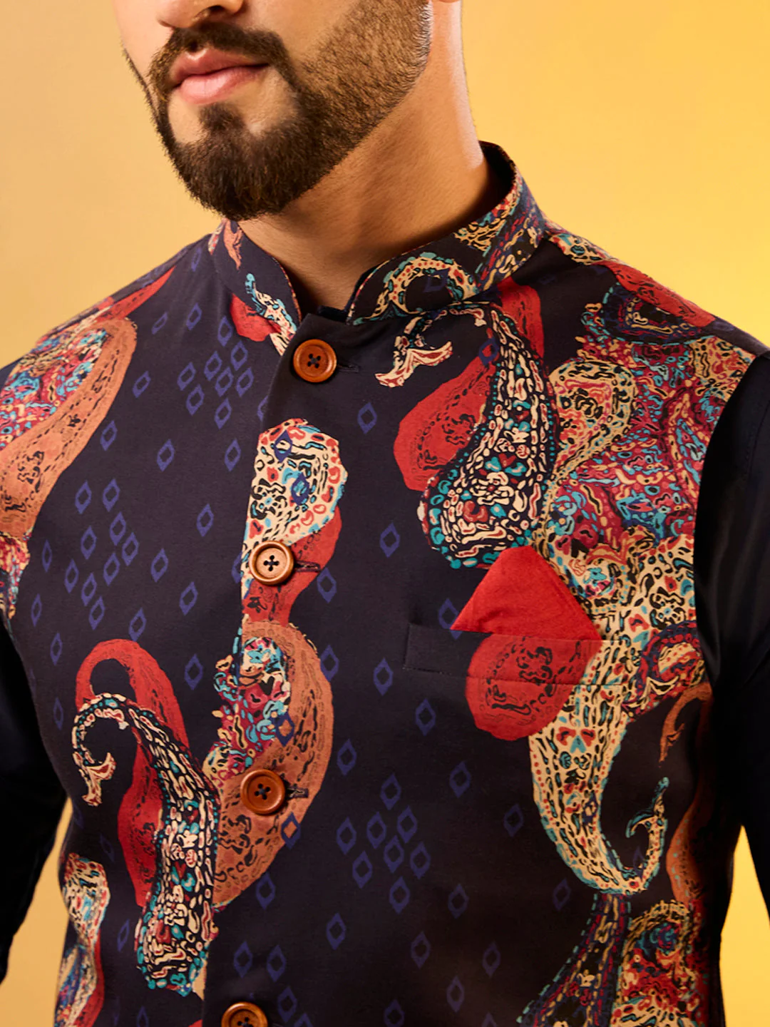 Navy Cotton Silk Printed Nehru Jacket Kurta Trouser - Image 5
