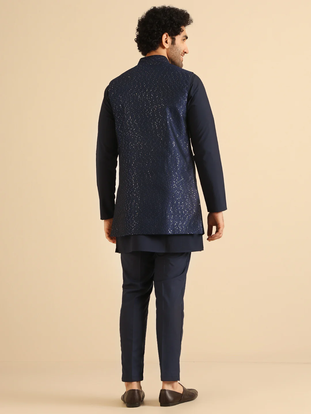 Navy Blue Silk Blend Metallic Jacket Kurta Trouser Set - Image 4