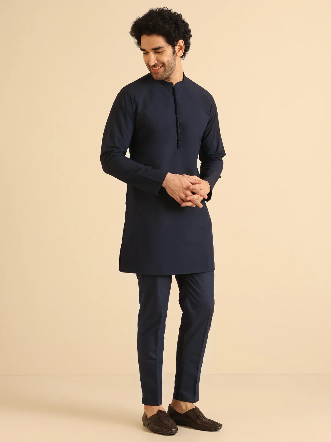 Navy Blue Silk Blend Metallic Jacket Kurta Trouser Set - Image 5