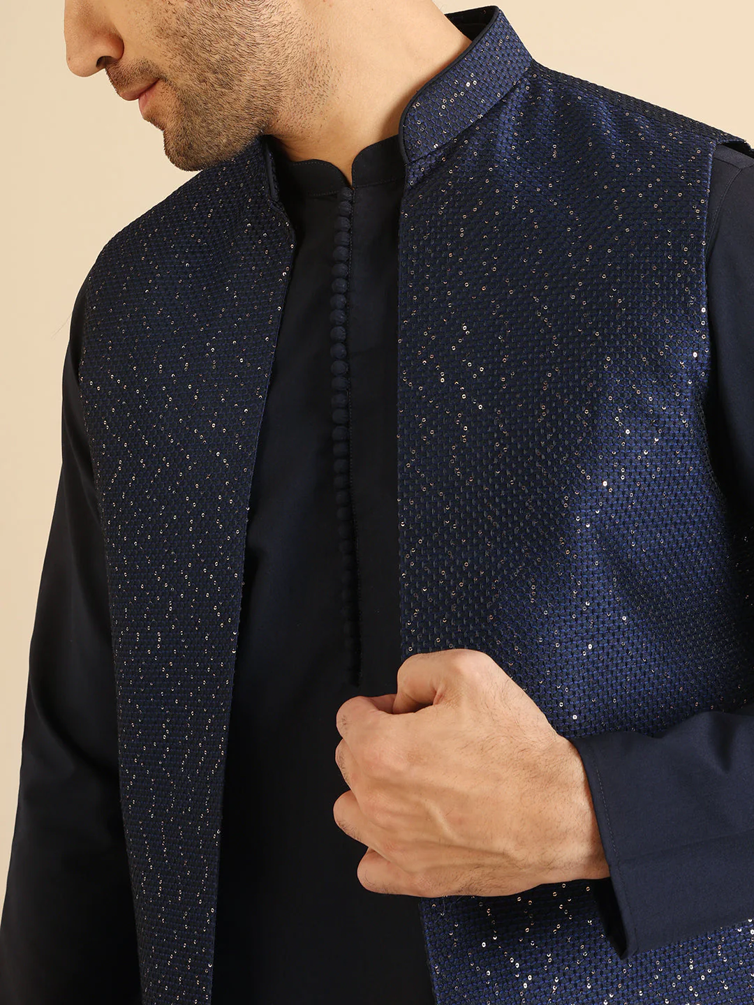 Navy Blue Silk Blend Metallic Jacket Kurta Trouser Set - Image 8