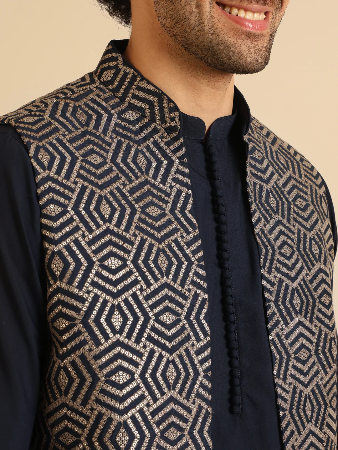 Men Navy Blue Kurta Jacket Trouser Set - Image 6