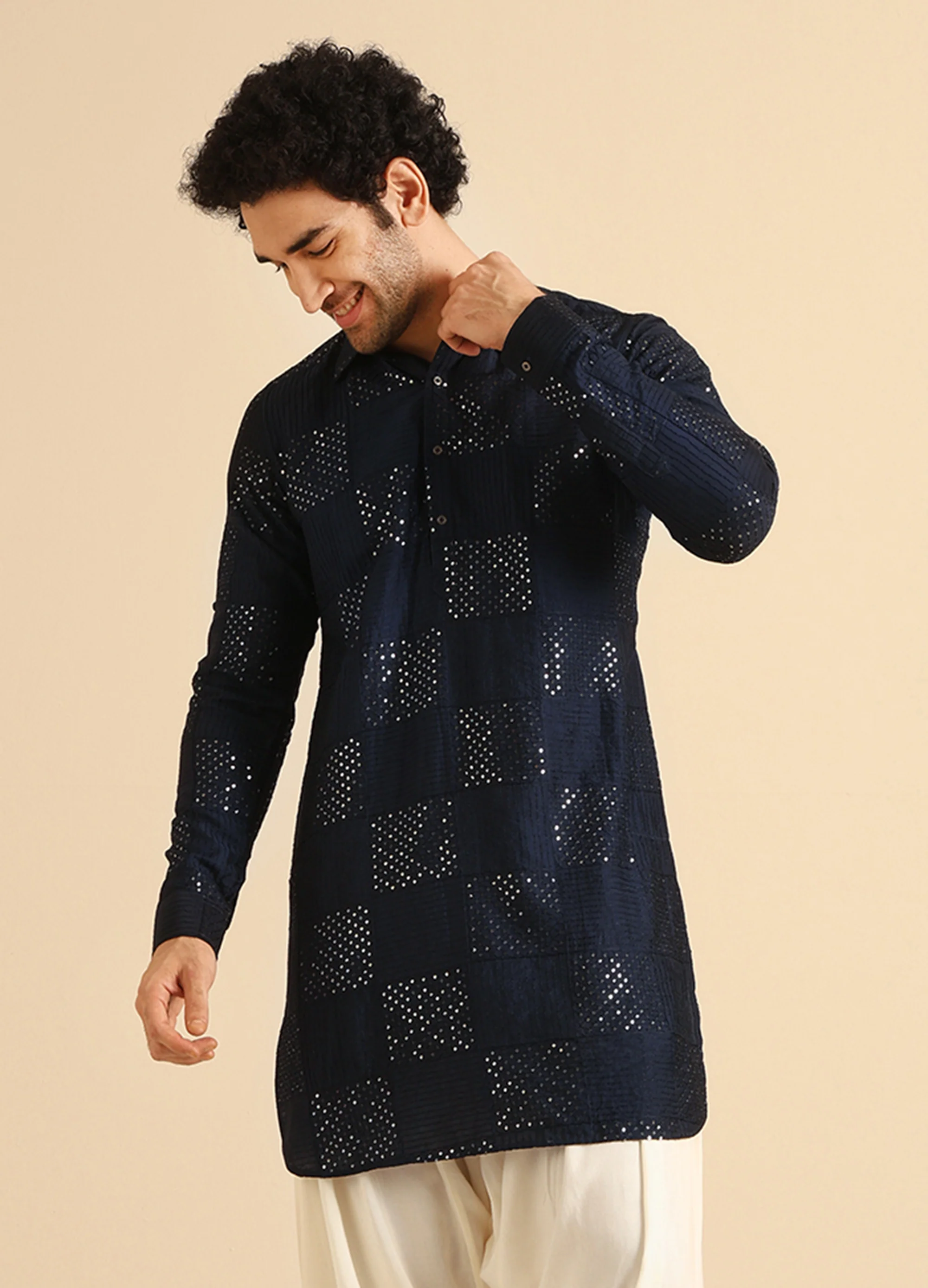 Navy Blue Sequinned Silk Blend Pathani Kurta