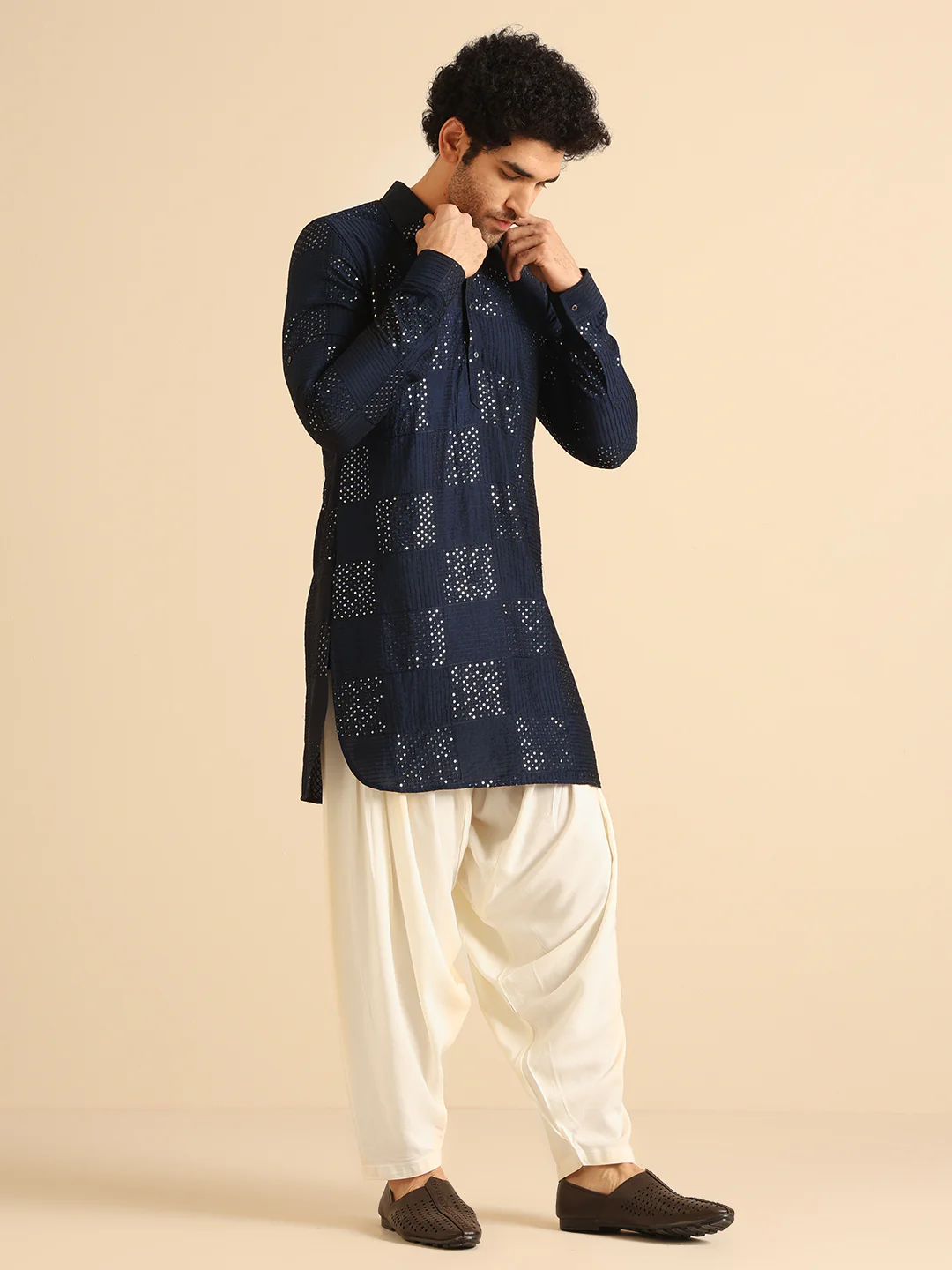 Navy Blue Sequinned Silk Blend Pathani Kurta - Image 2