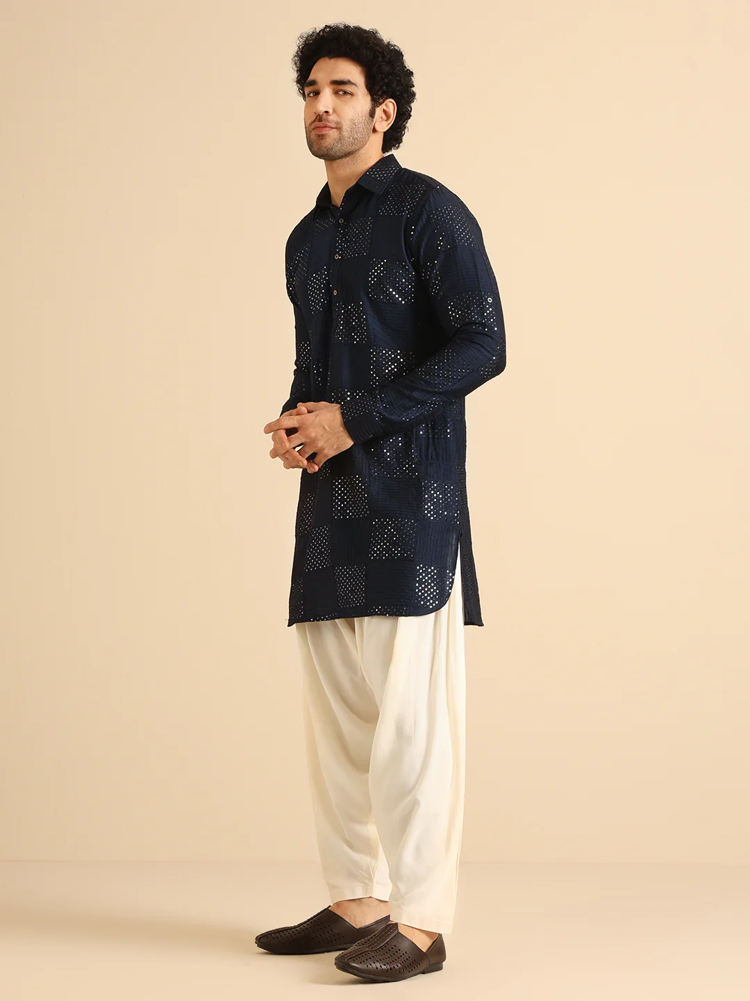 Navy Blue Sequinned Silk Blend Pathani Kurta - Image 3