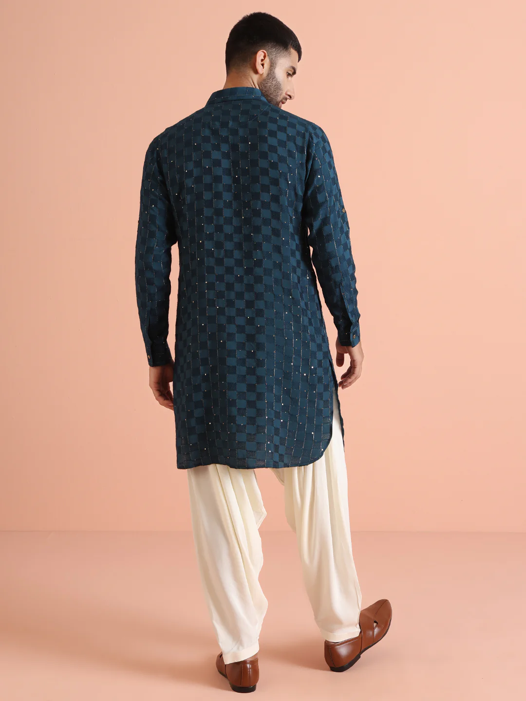 Blue Self-Checkered Pathani Kurta - Image 4