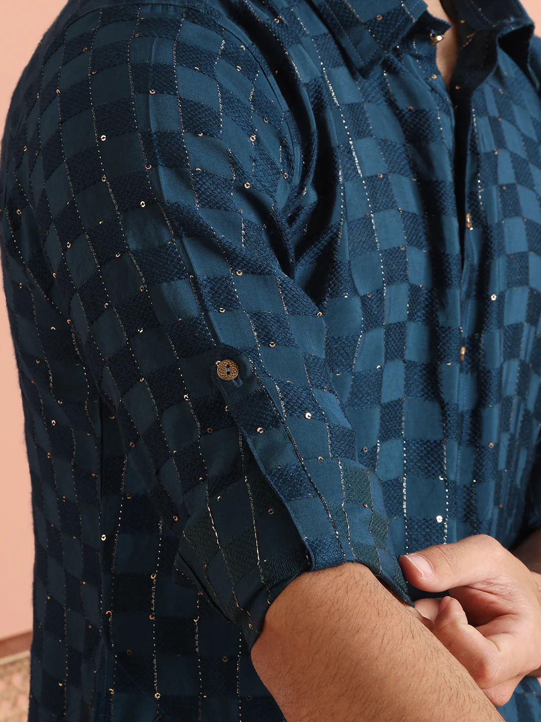 Blue Self-Checkered Pathani Kurta - Image 7