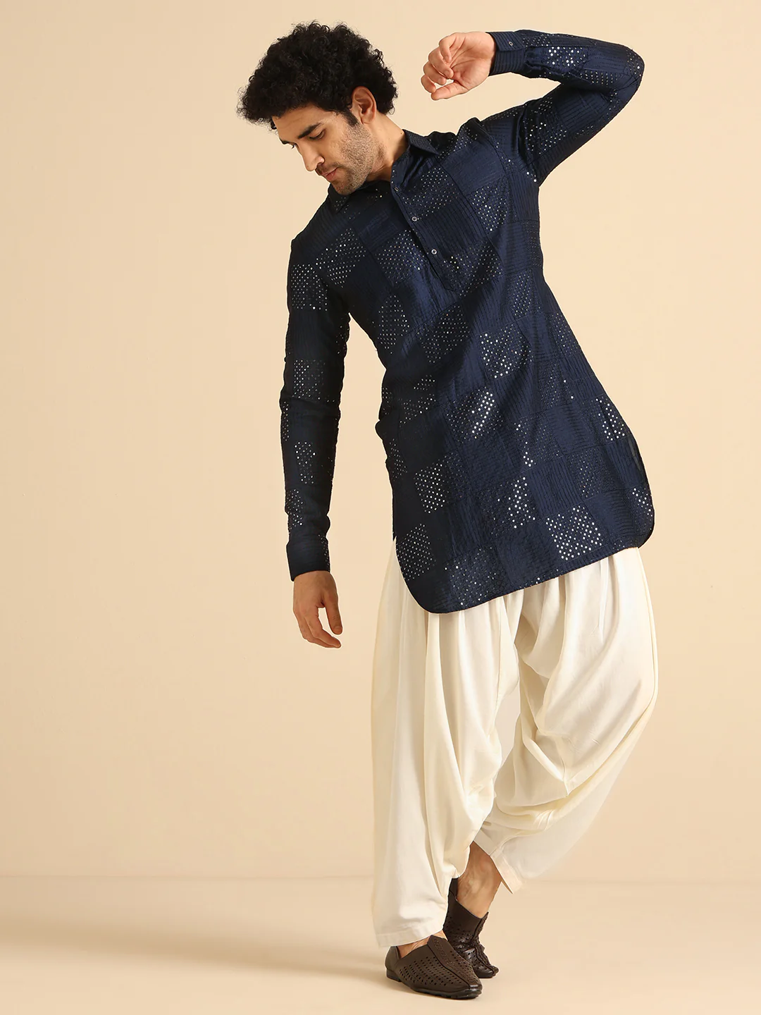 Navy Blue Sequinned Silk Blend Pathani Kurta Patiyala Set