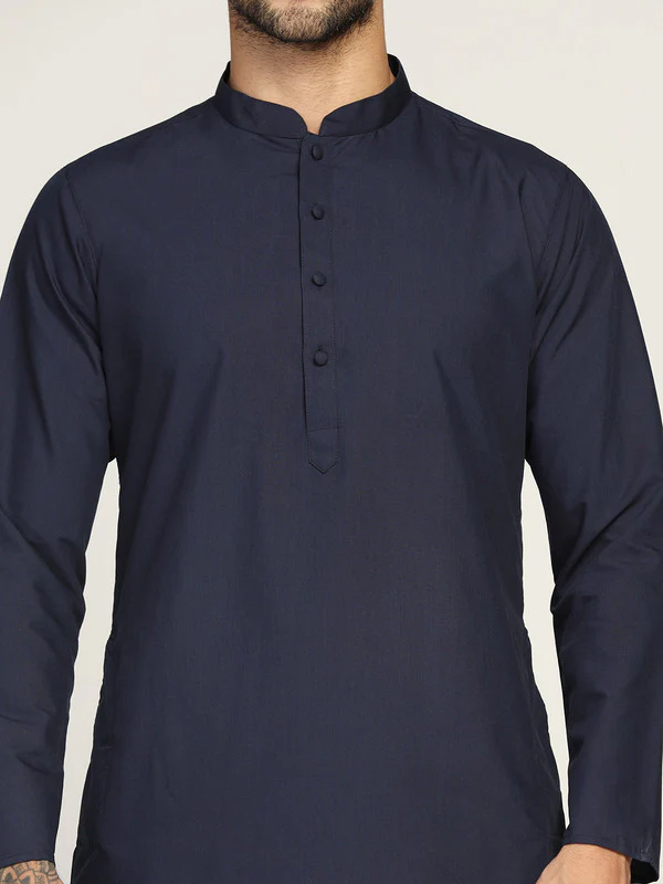 Navy Blue Cotton Silk Solid Kurta Trouser Set - Image 5