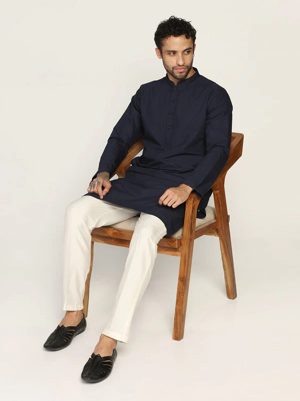 Navy Blue Cotton Silk Solid Kurta Trouser Set - Image 7