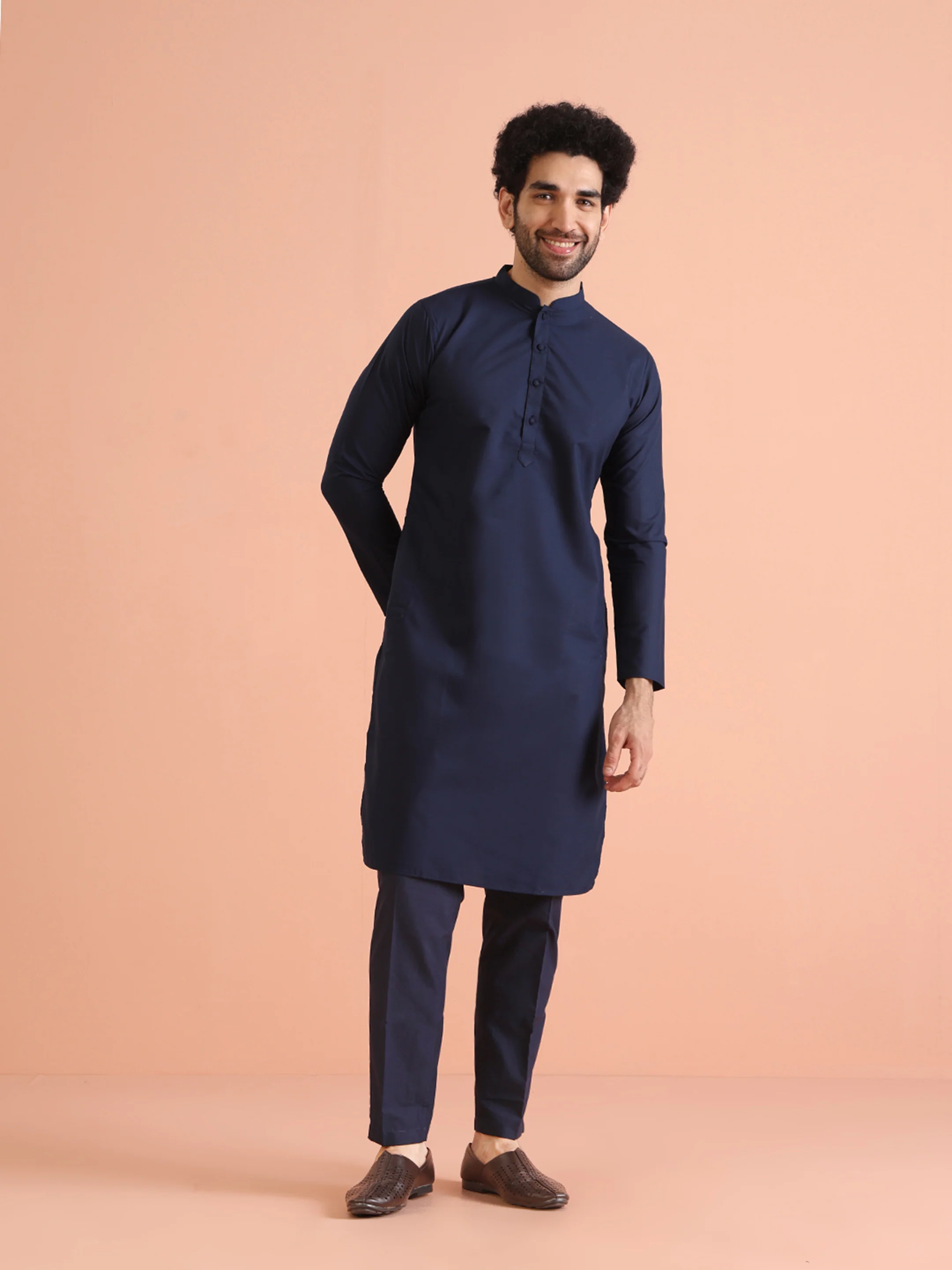 Navy Blue Cotton Silk Solid Kurta Trouser Set - Image 2
