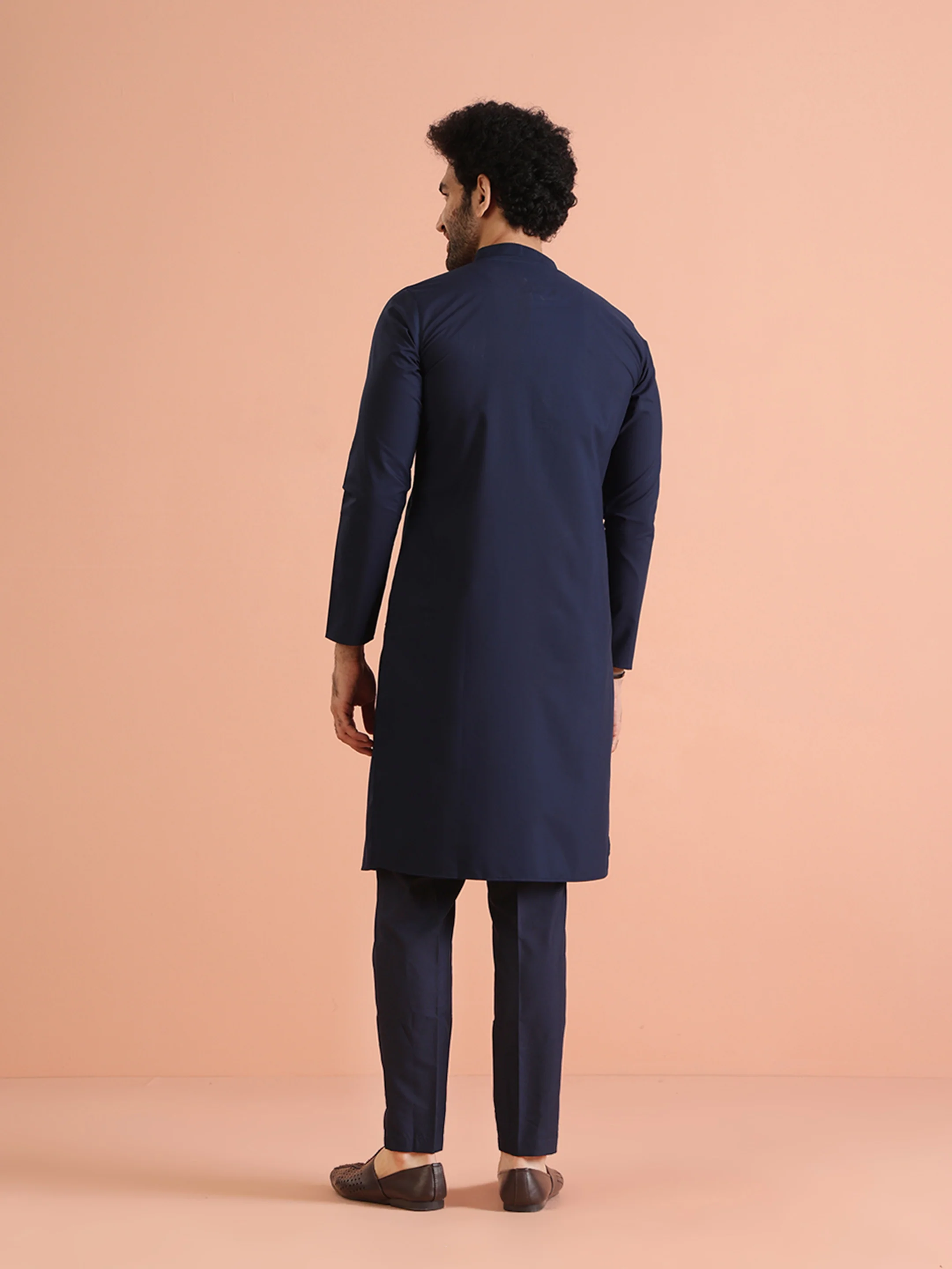 Navy Blue Cotton Silk Solid Kurta Trouser Set - Image 4