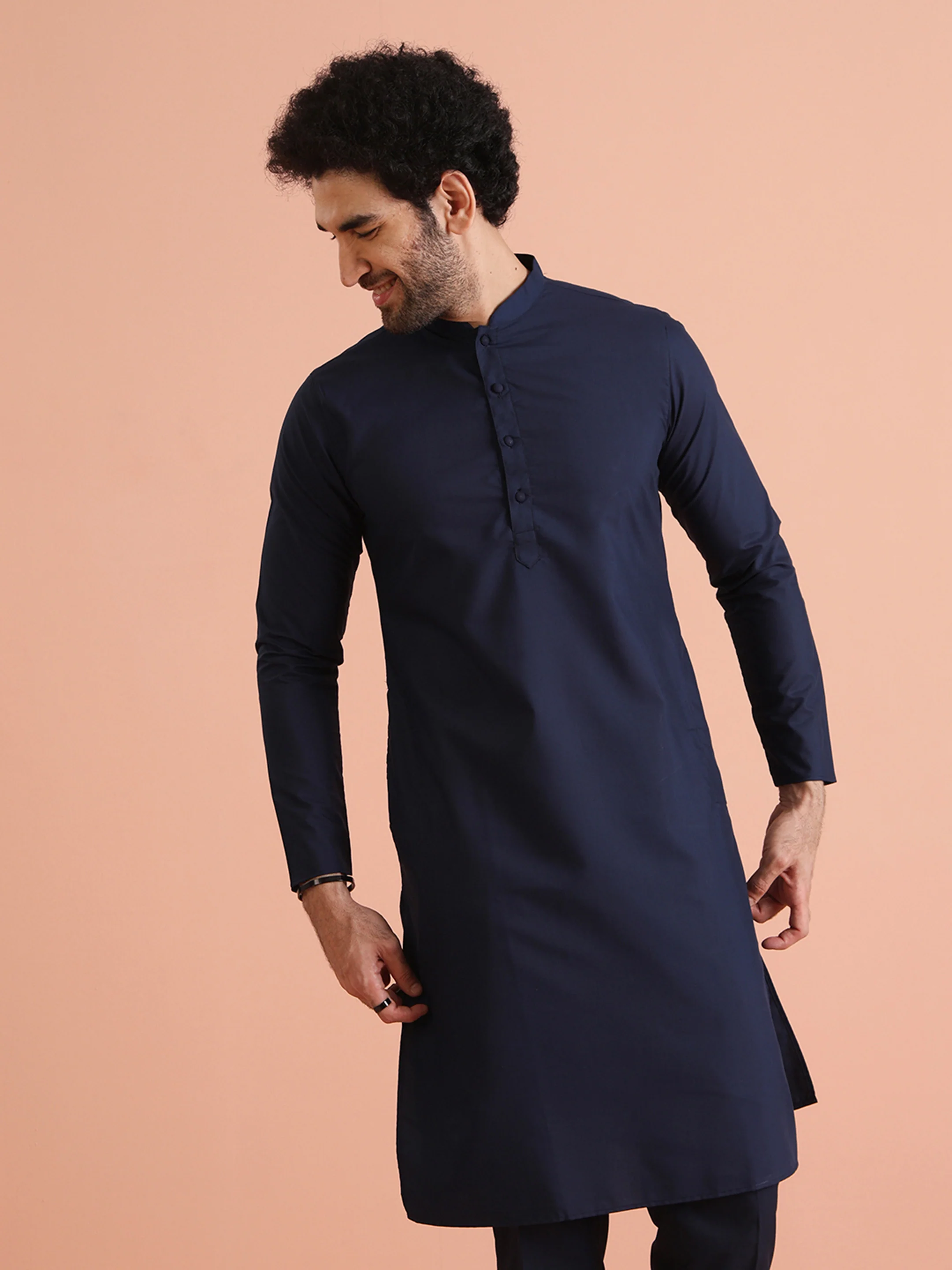 Navy Blue Cotton Silk Solid Kurta Trouser Set - Image 5