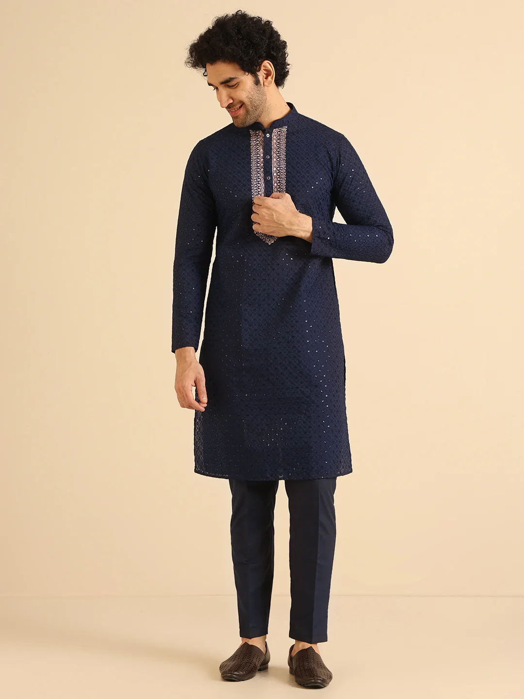 Men Navy Blue Kurta Trouser Set