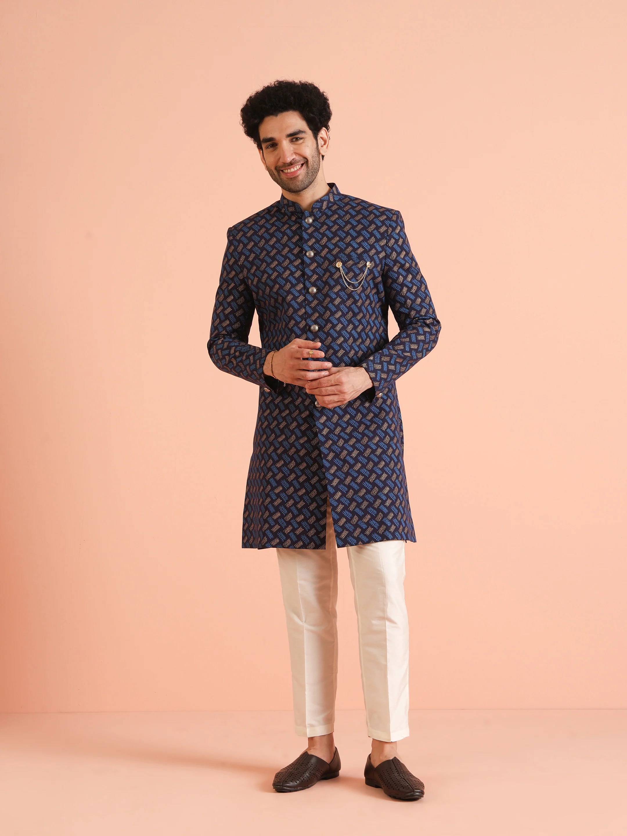 Navy Blue Jacquard Sherwani with Beige Trouser