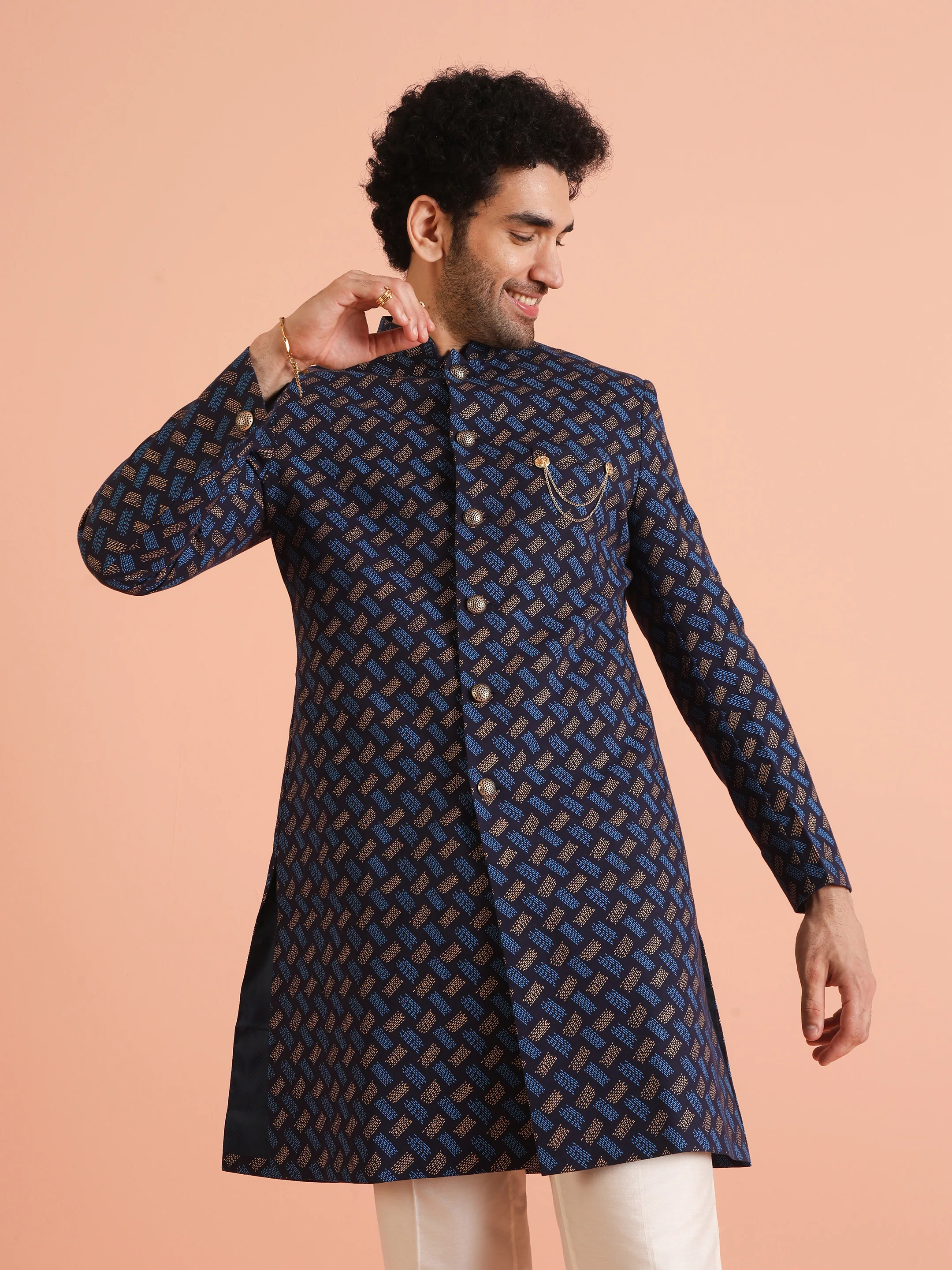 Navy Blue Jacquard Sherwani with Beige Trouser - Image 6