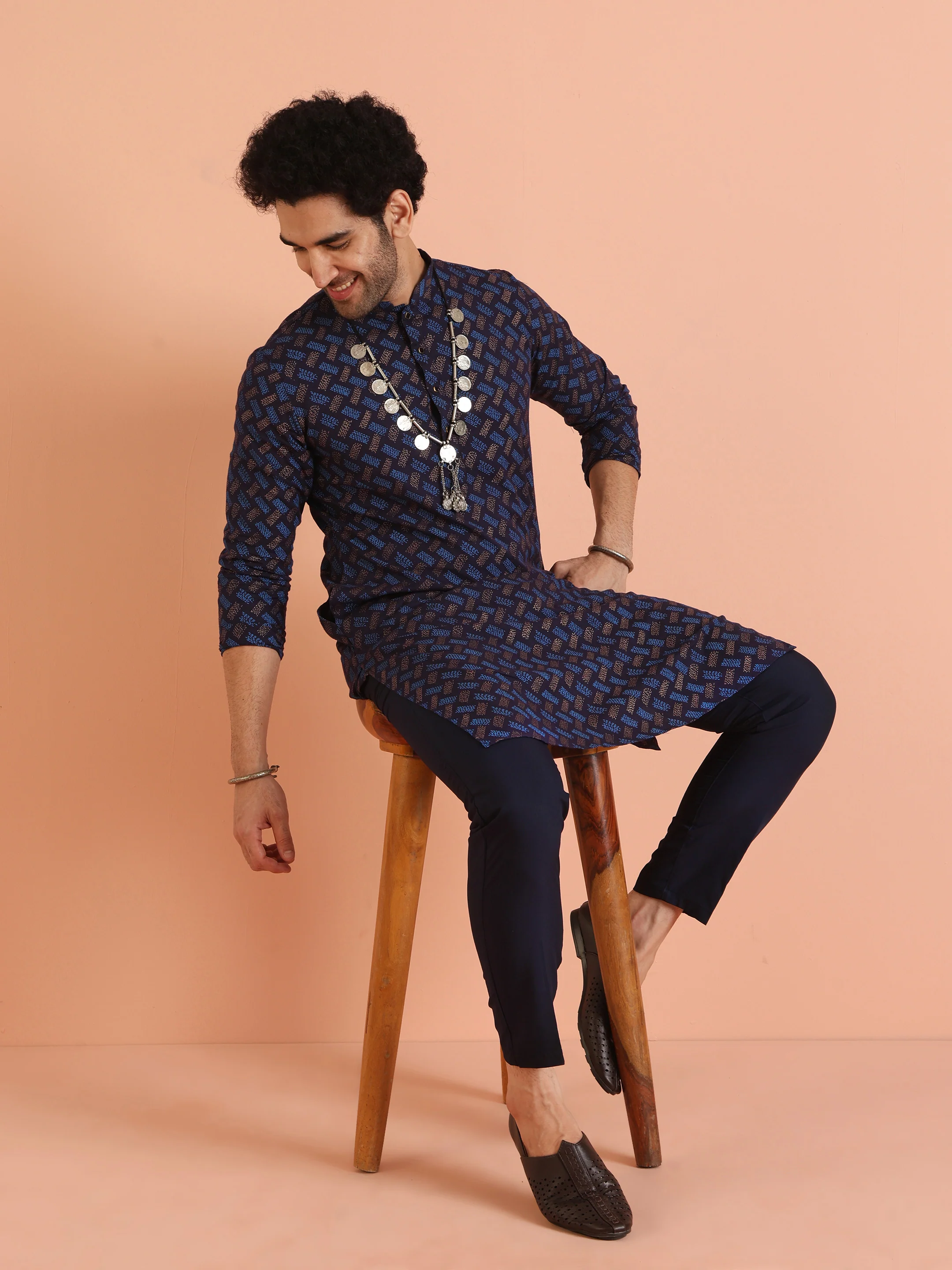 Blue Cotton Silk Printed Kurta with Trouser