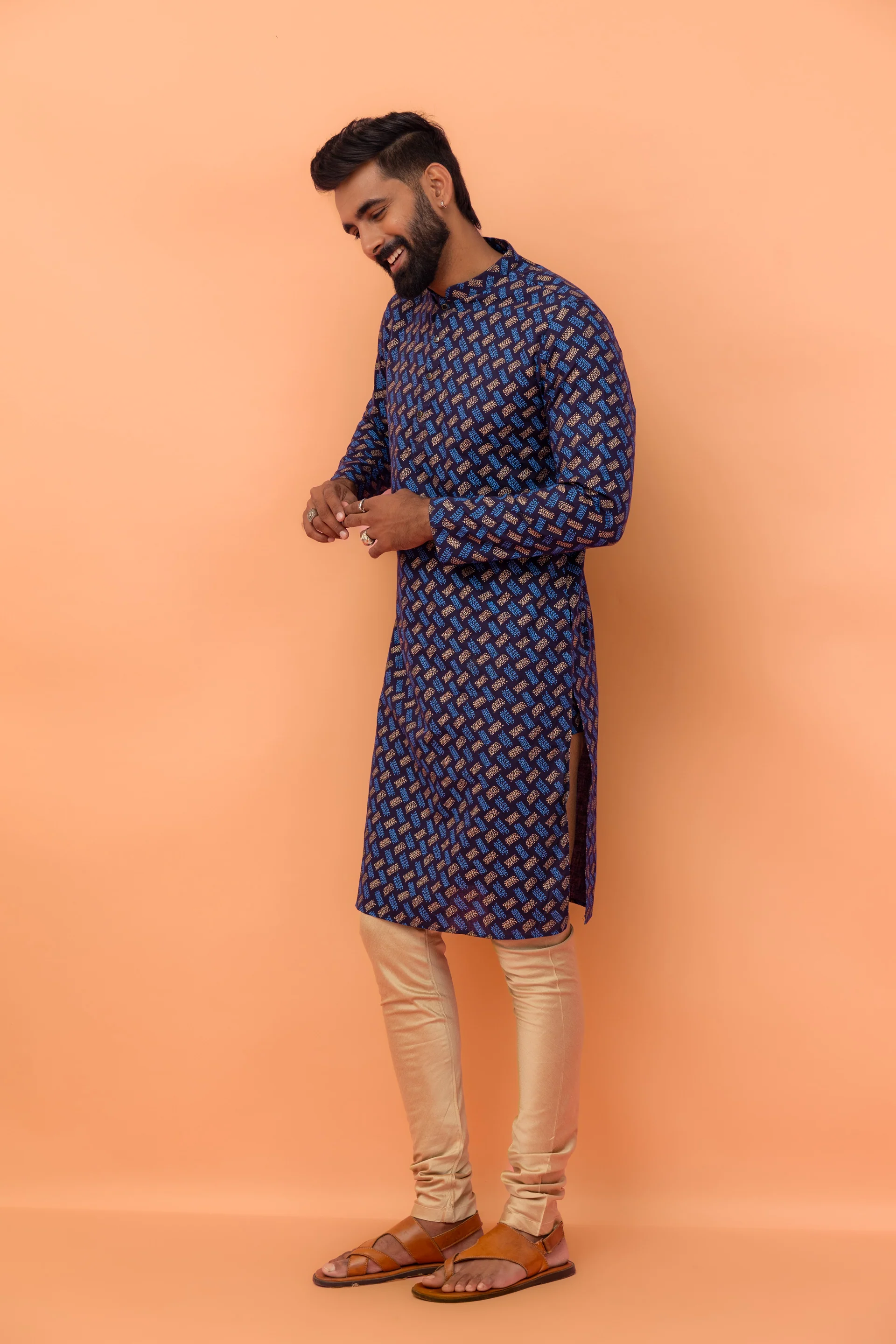 Navy Blue Printed Kurta Churidar Set - Image 2