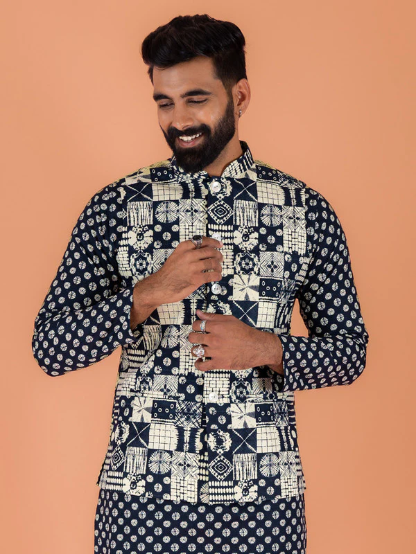 Men Navy Blue Printed Nehru Jacket