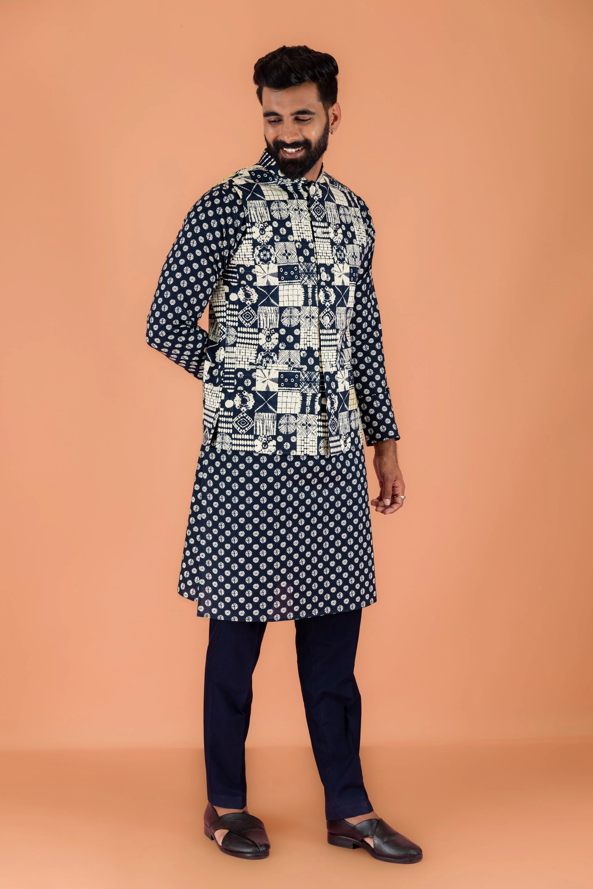 Men Navy Blue Printed Nehru Jacket - Image 10