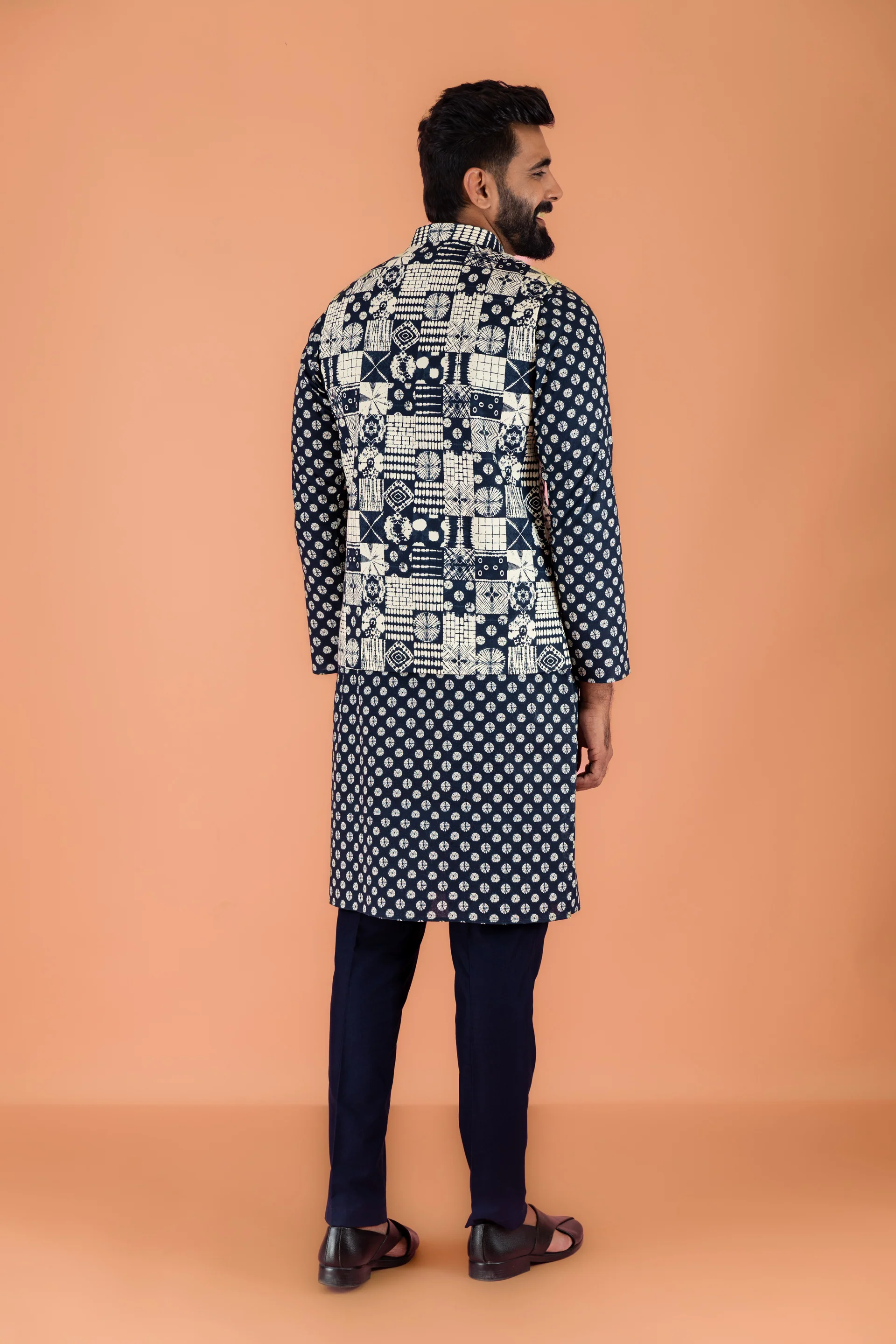 Men Navy Blue Printed Nehru Jacket - Image 3