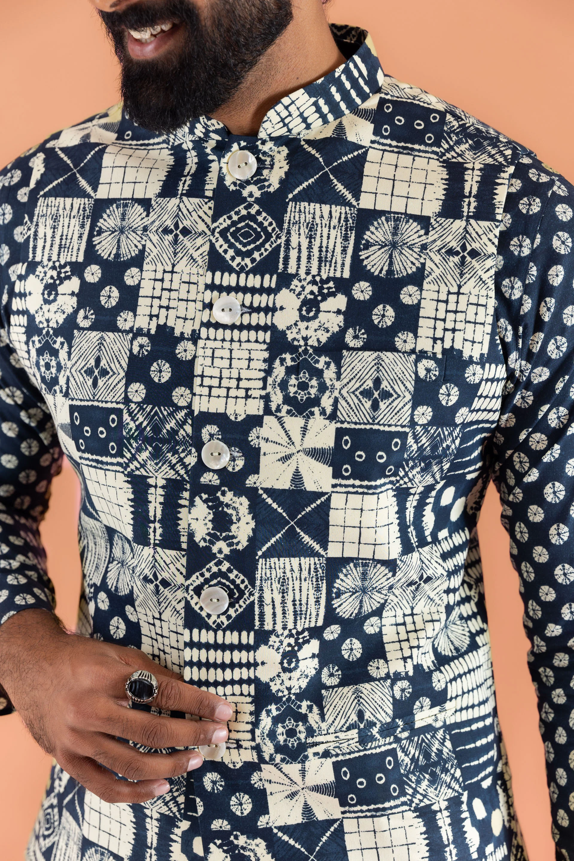 Men Navy Blue Printed Nehru Jacket - Image 4