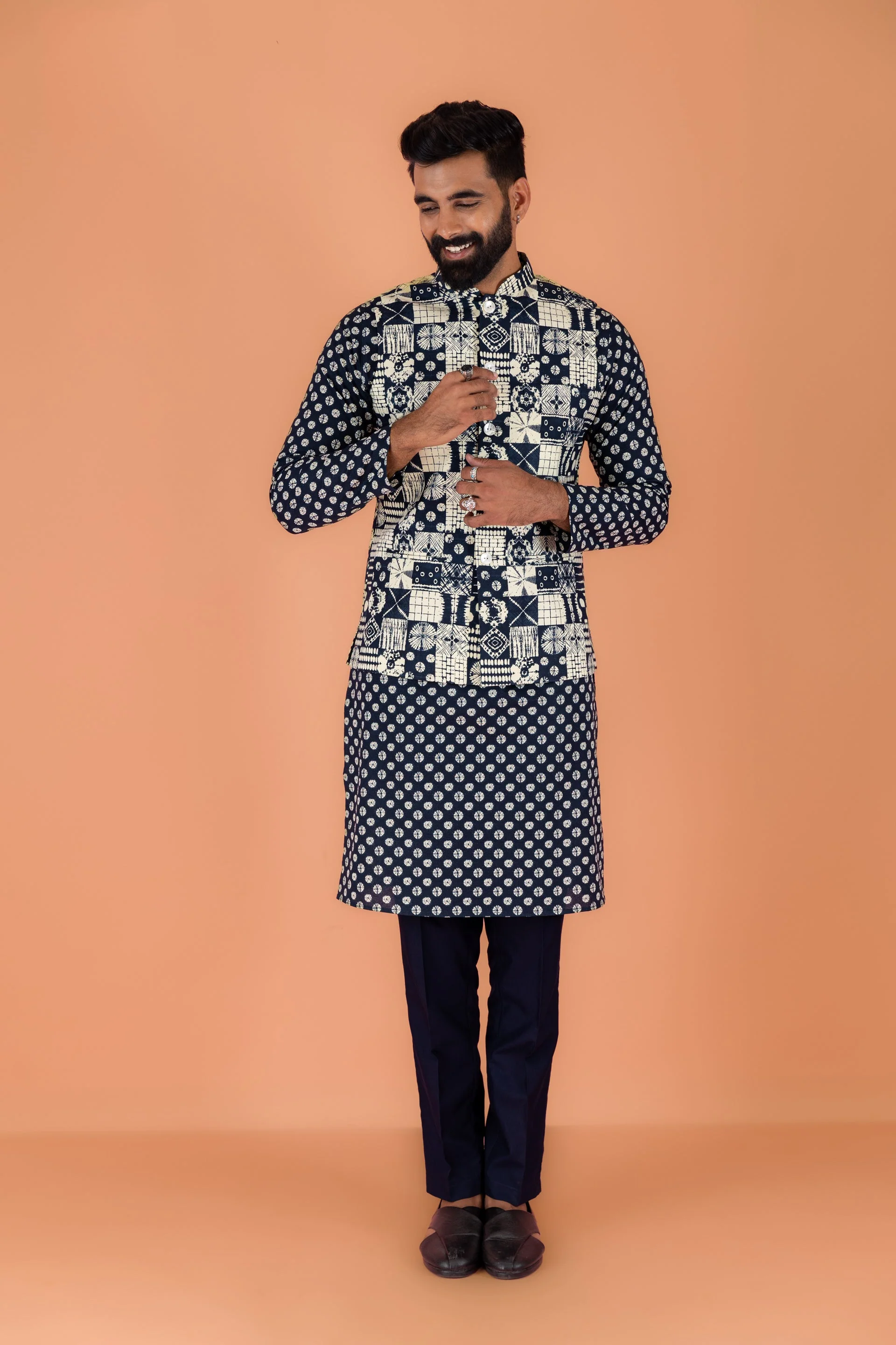 Men Navy Blue Printed Nehru Jacket - Image 6