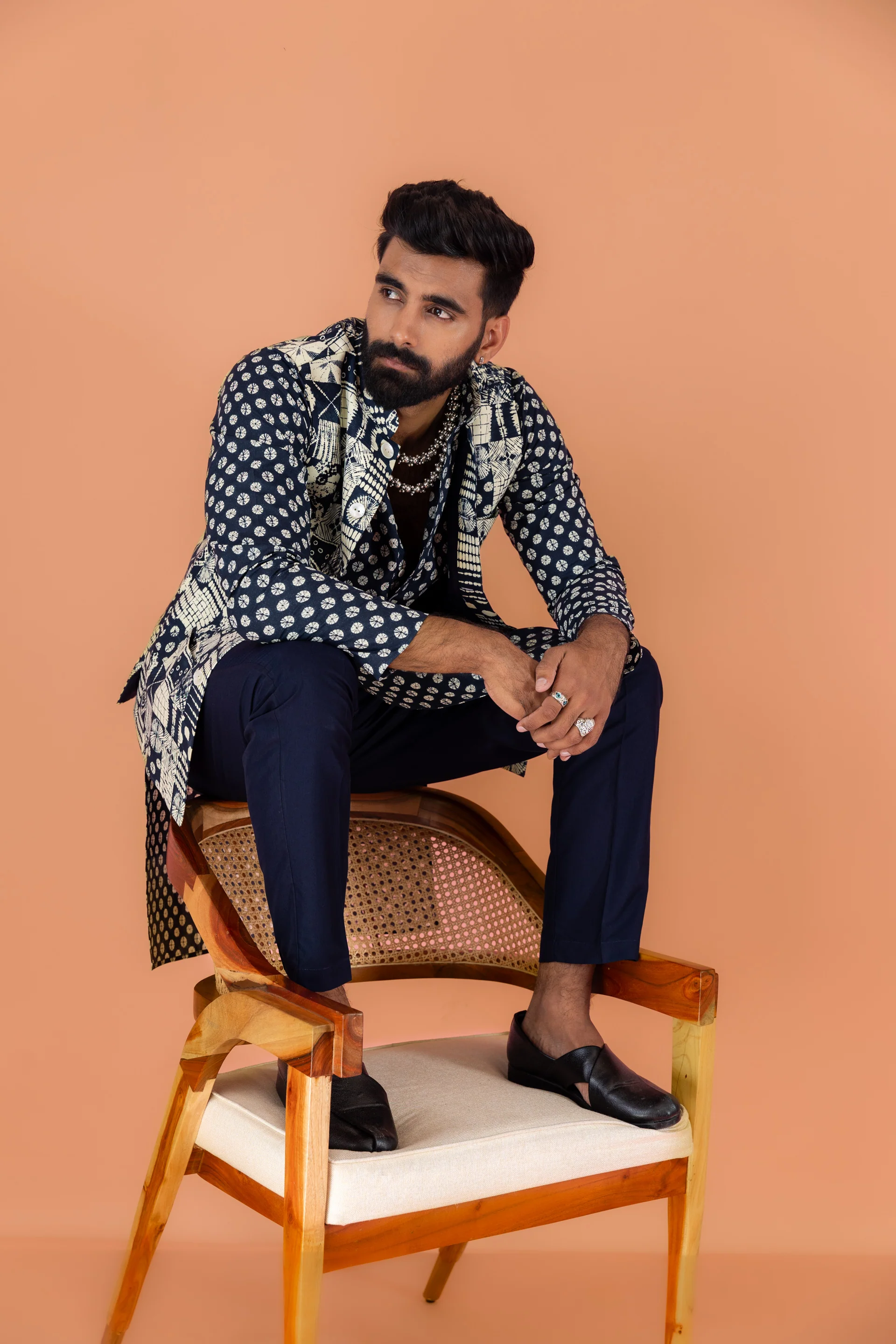 Men Navy Blue Printed Nehru Jacket - Image 8