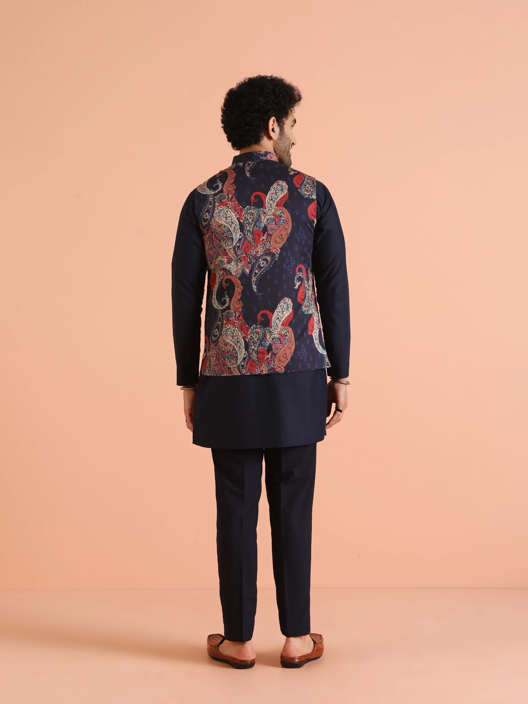 Navy Blue Paisley Printed Nehru Jacket Kurta Set - Image 5