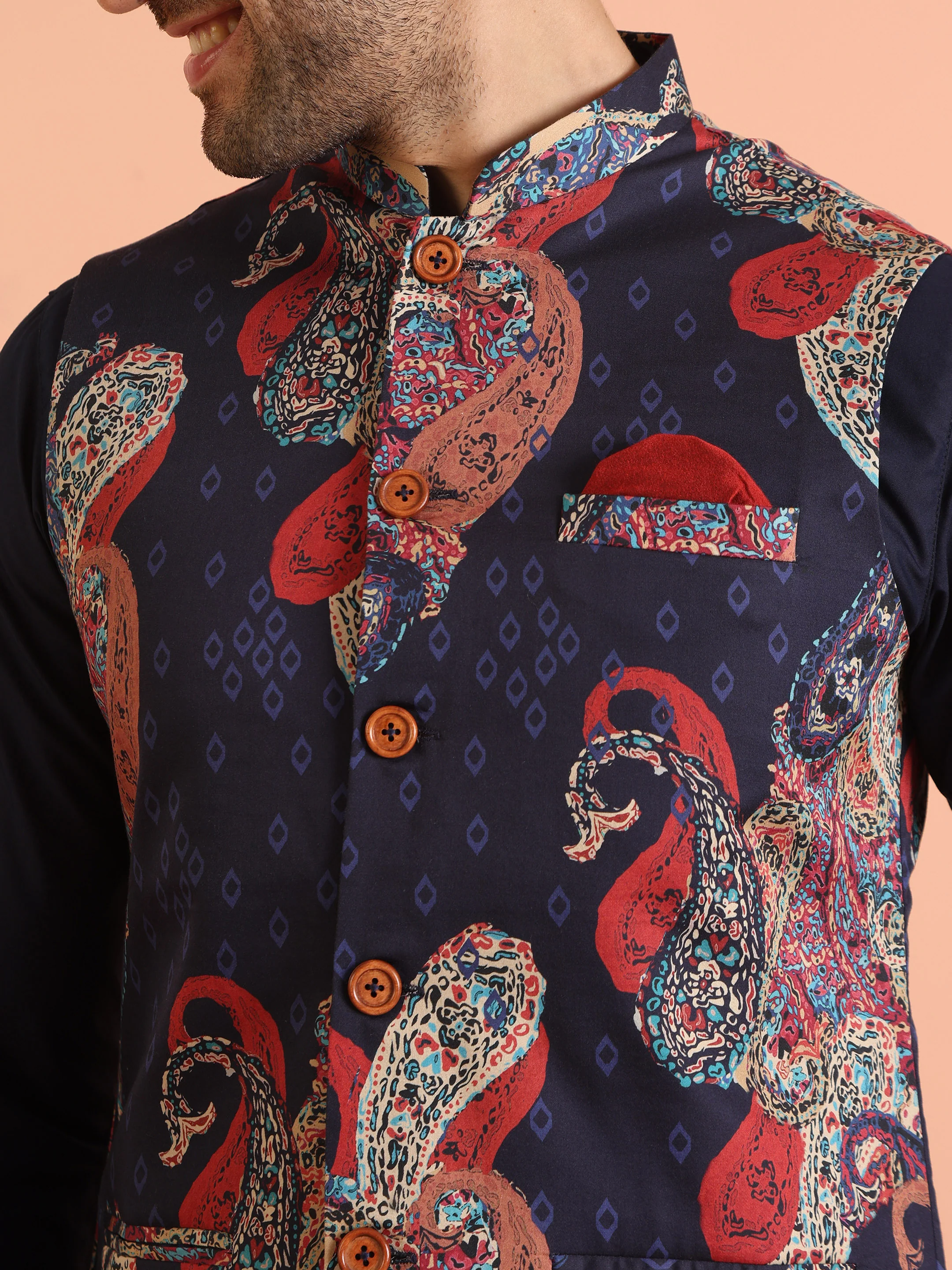 Navy Blue Paisley Printed Nehru Jacket Kurta Set - Image 6