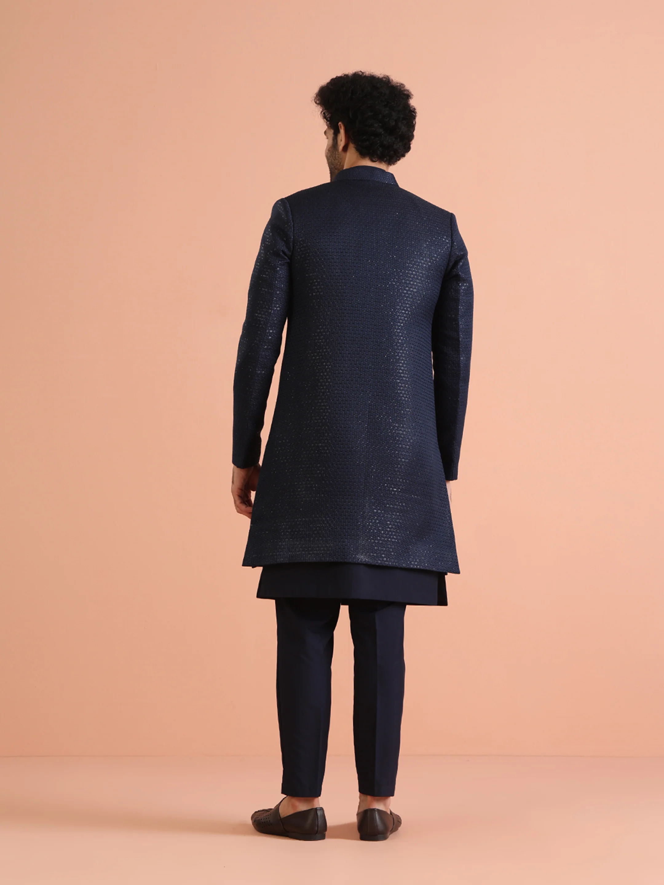 Navy Silk Blend Mirror Work Sherwani Trouser Set - Image 4