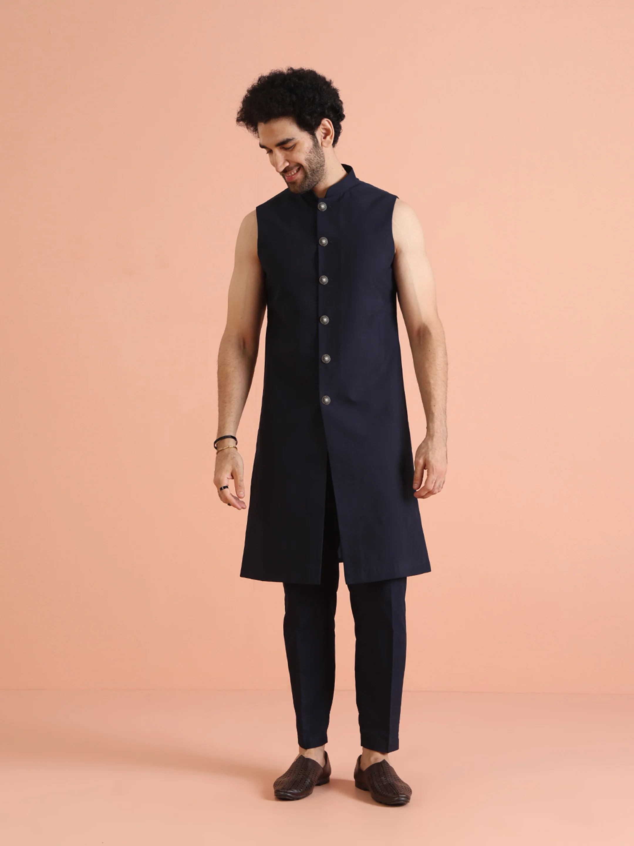 Navy Silk Blend Mirror Work Sherwani Trouser Set - Image 5