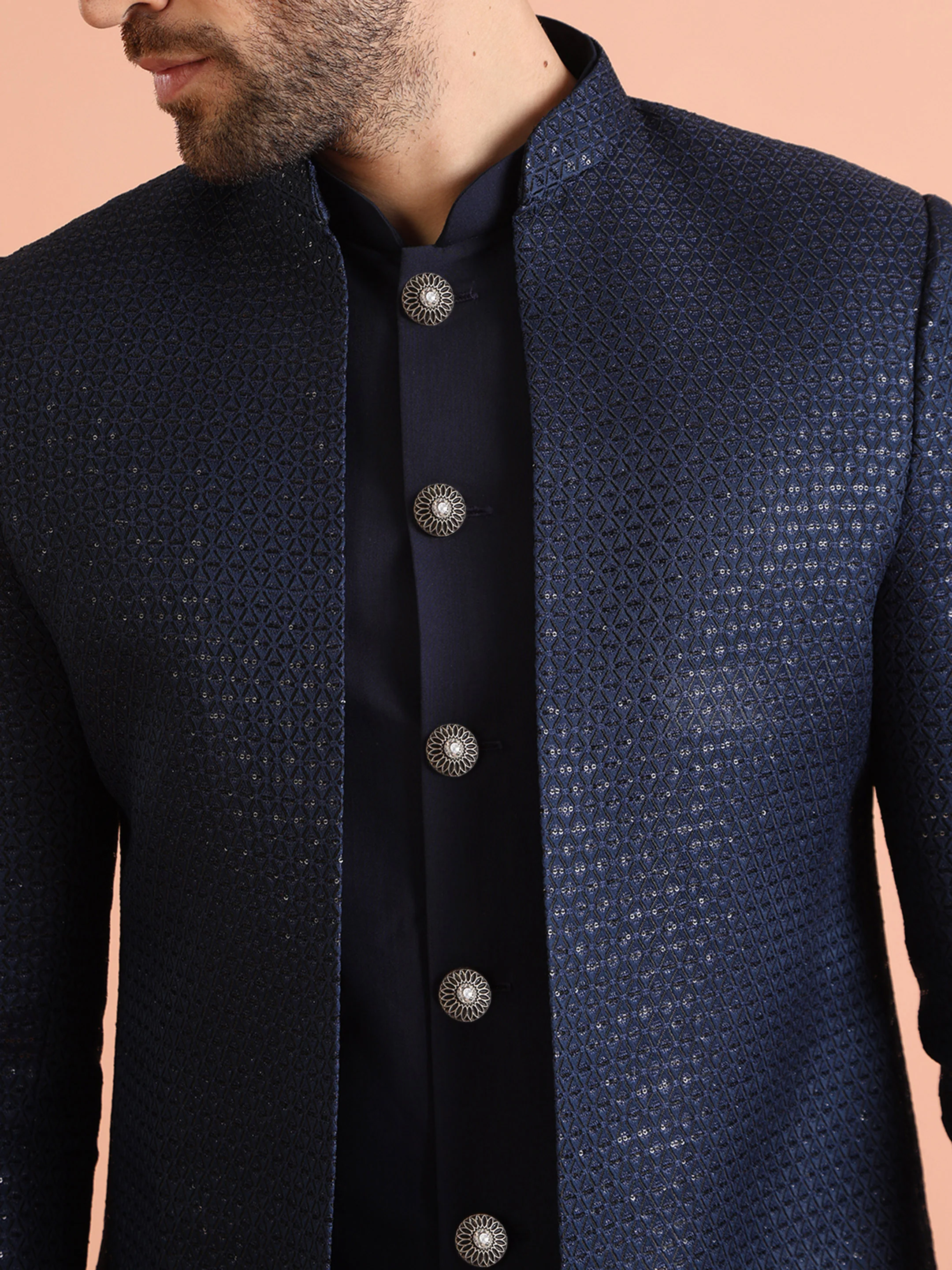 Navy Silk Blend Mirror Work Sherwani Trouser Set - Image 6