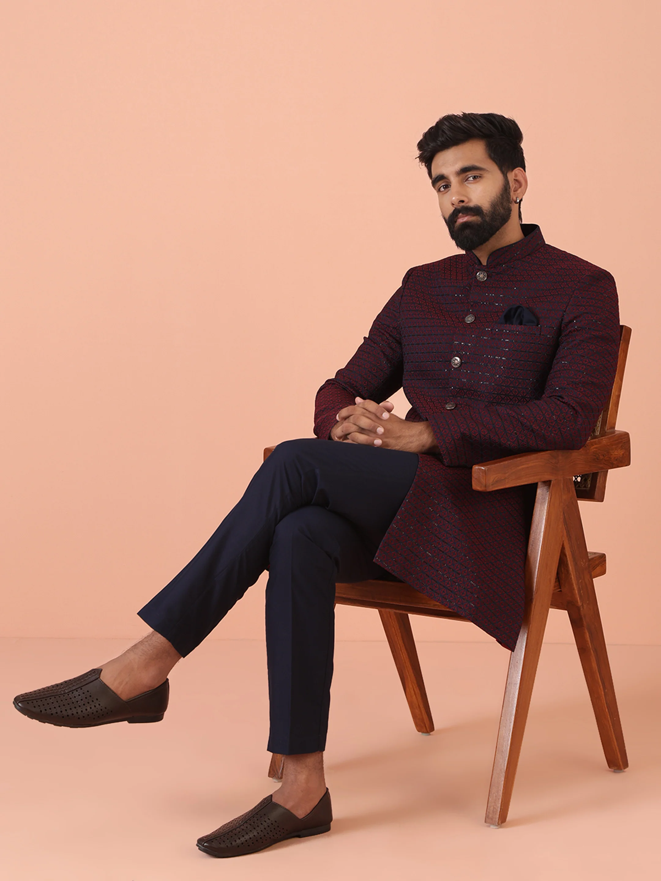 Men Navy Blue Sequinned Indo Western Trouser Set