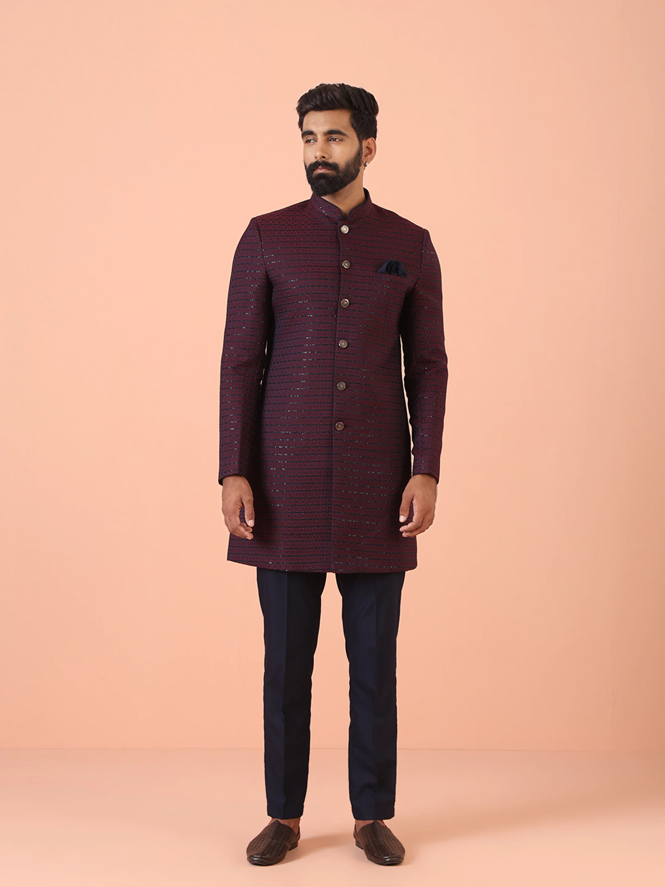 Men Navy Blue Sequinned Indo Western Trouser Set - Image 2