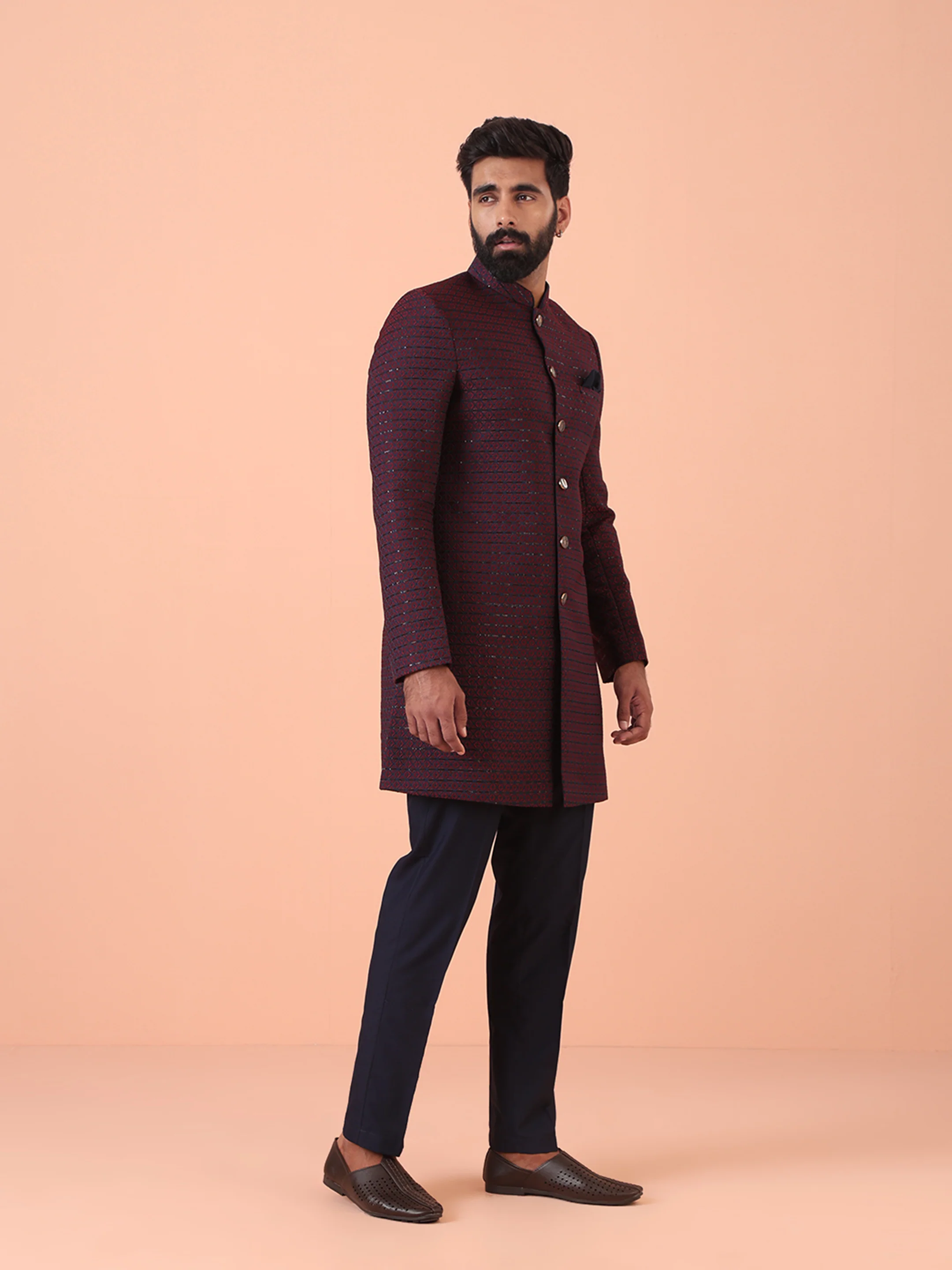 Men Navy Blue Sequinned Indo Western Trouser Set - Image 3