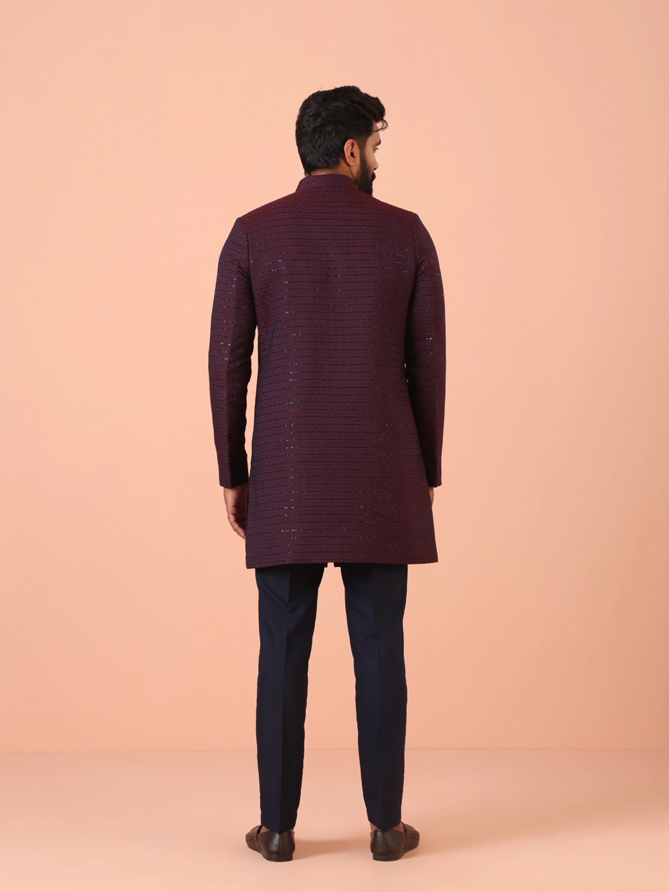 Men Navy Blue Sequinned Indo Western Trouser Set - Image 5