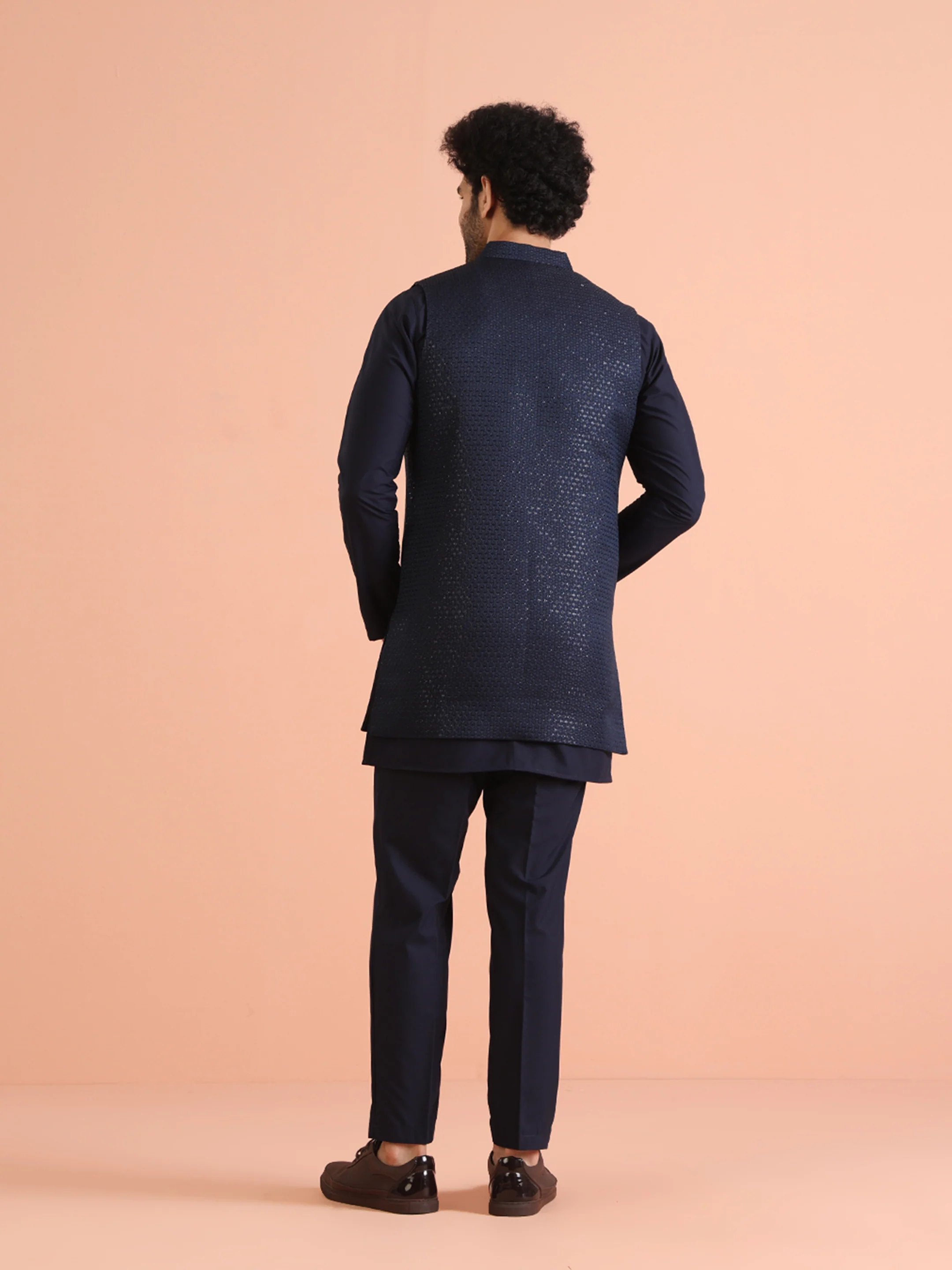 Navy Blue Jacket Kurta Trouser Set - Image 5