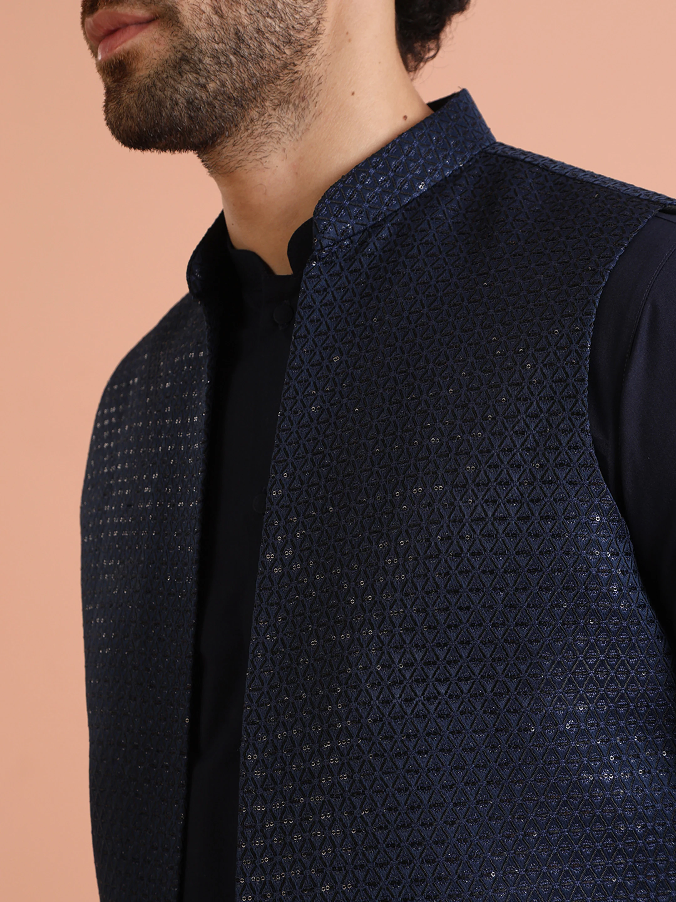 Navy Blue Jacket Kurta Trouser Set - Image 6