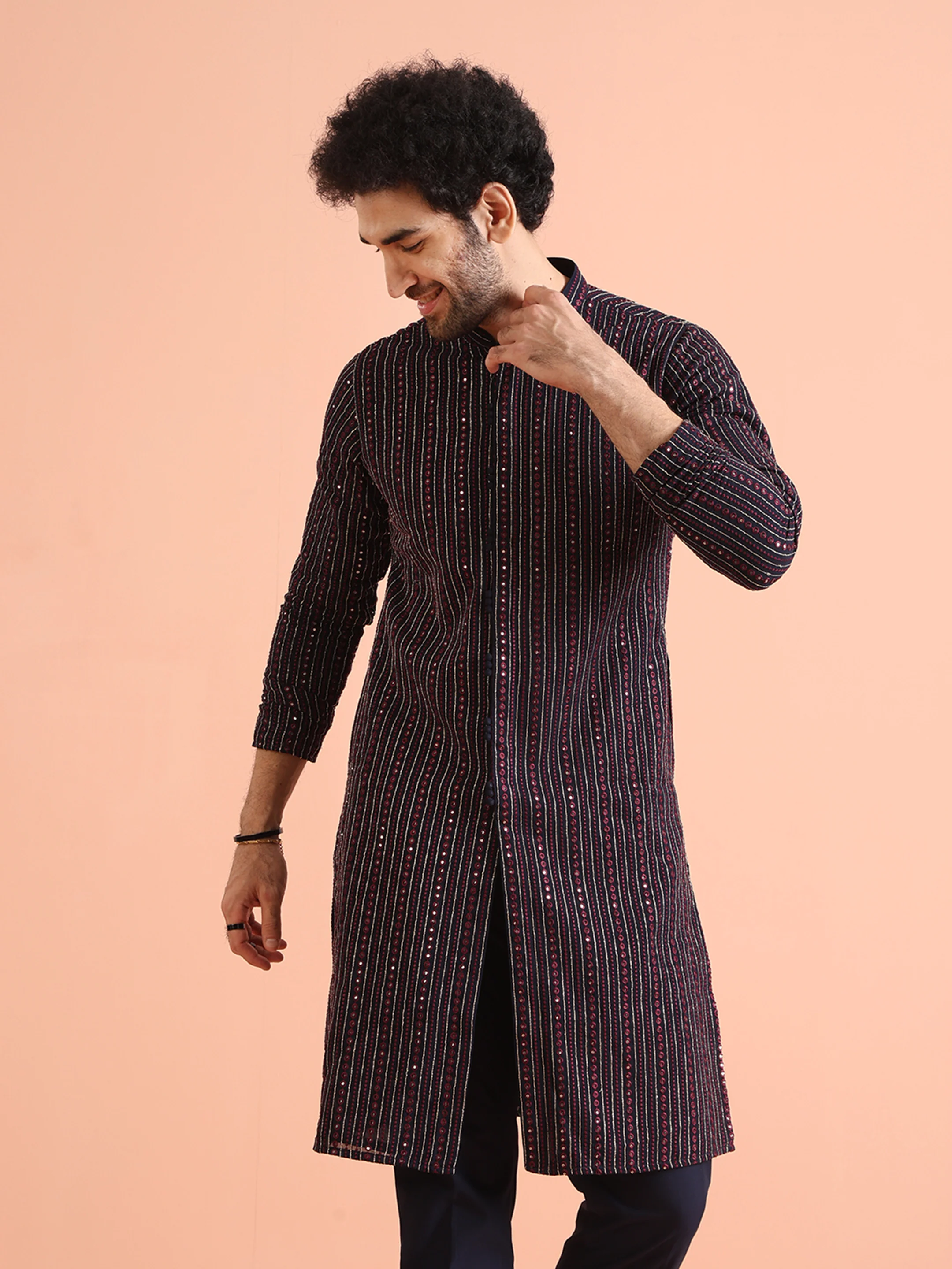 Navy Blue Embroidered Mirror Work Kurta – Festive & Wedding Wear