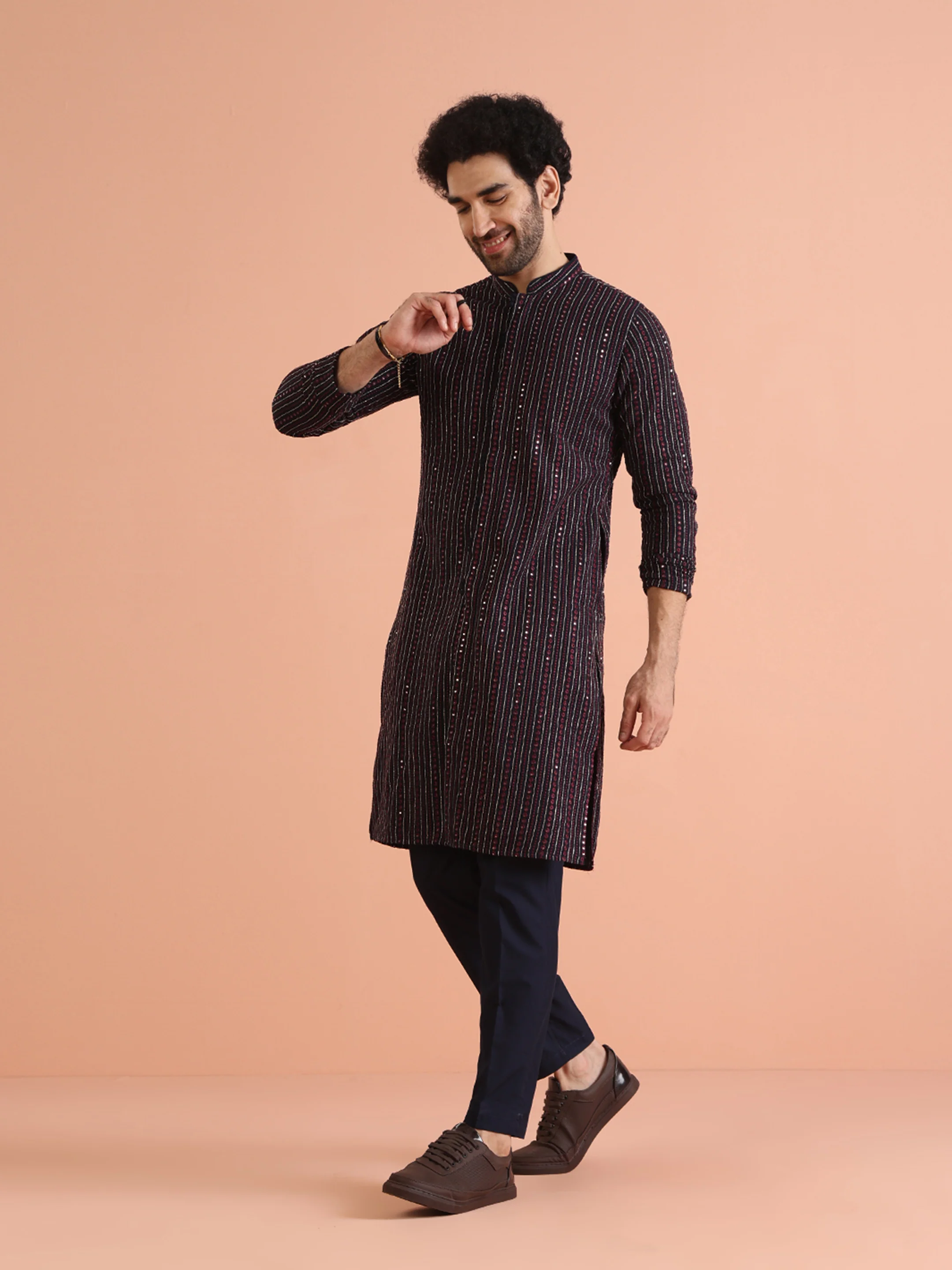 Navy Blue Embroidered Mirror Work Kurta – Festive & Wedding Wear - Image 2
