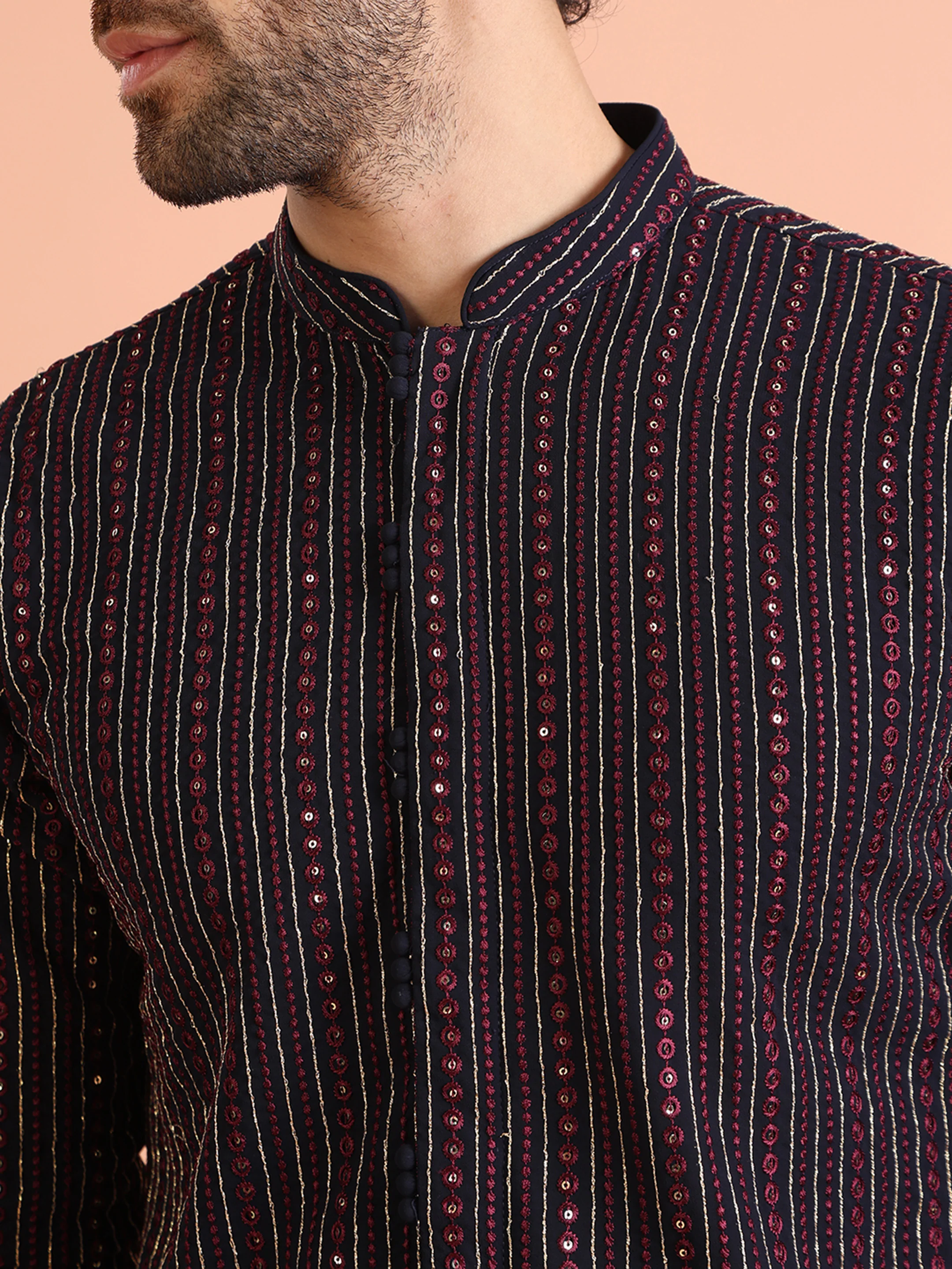 Navy Blue Embroidered Mirror Work Kurta – Festive & Wedding Wear - Image 5