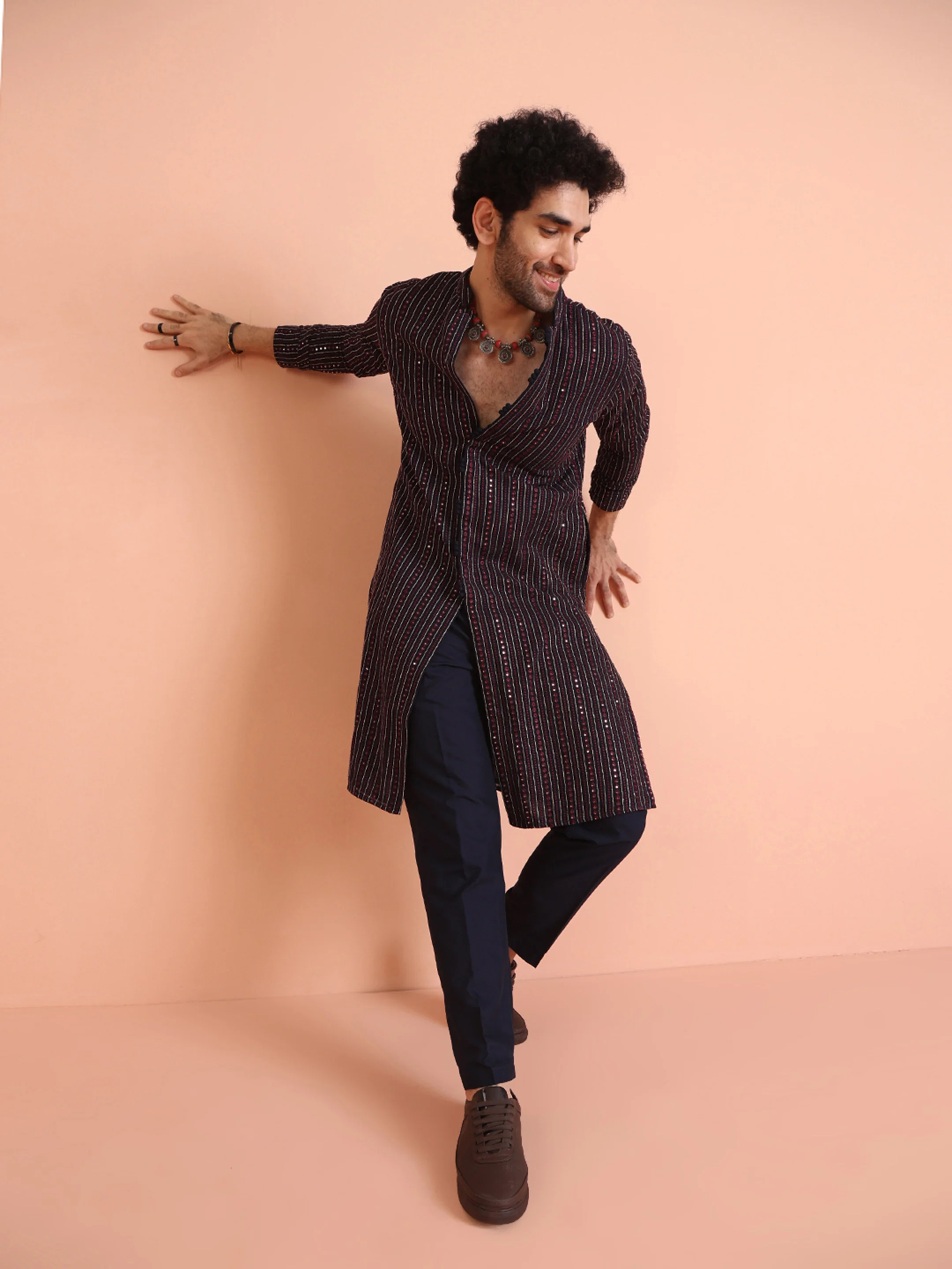 Navy Blue Embroidered Mirror Work Kurta – Festive & Wedding Wear - Image 6