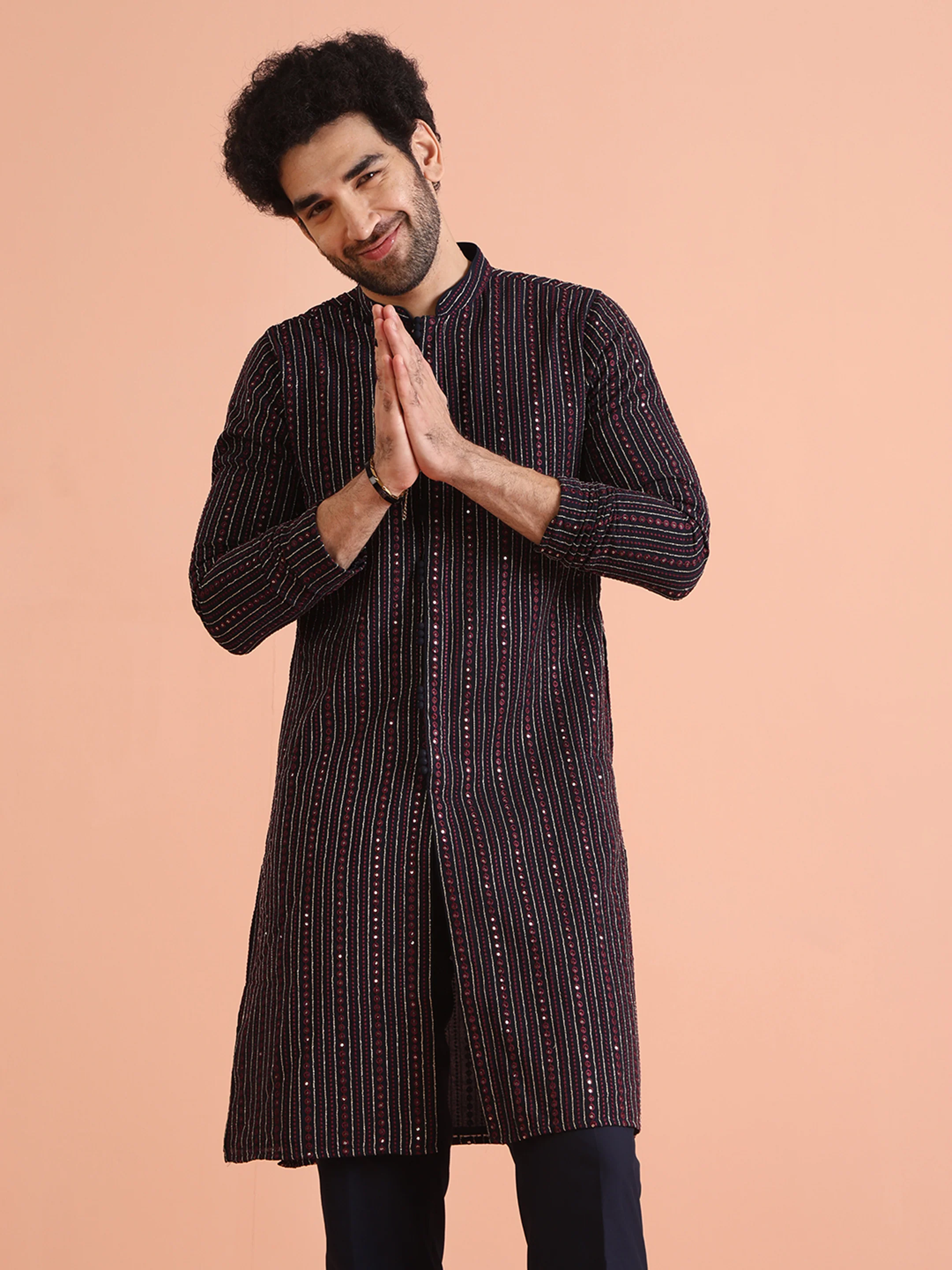 Men Navy Blue Sequinned Kurta Trouser Set - Image 7