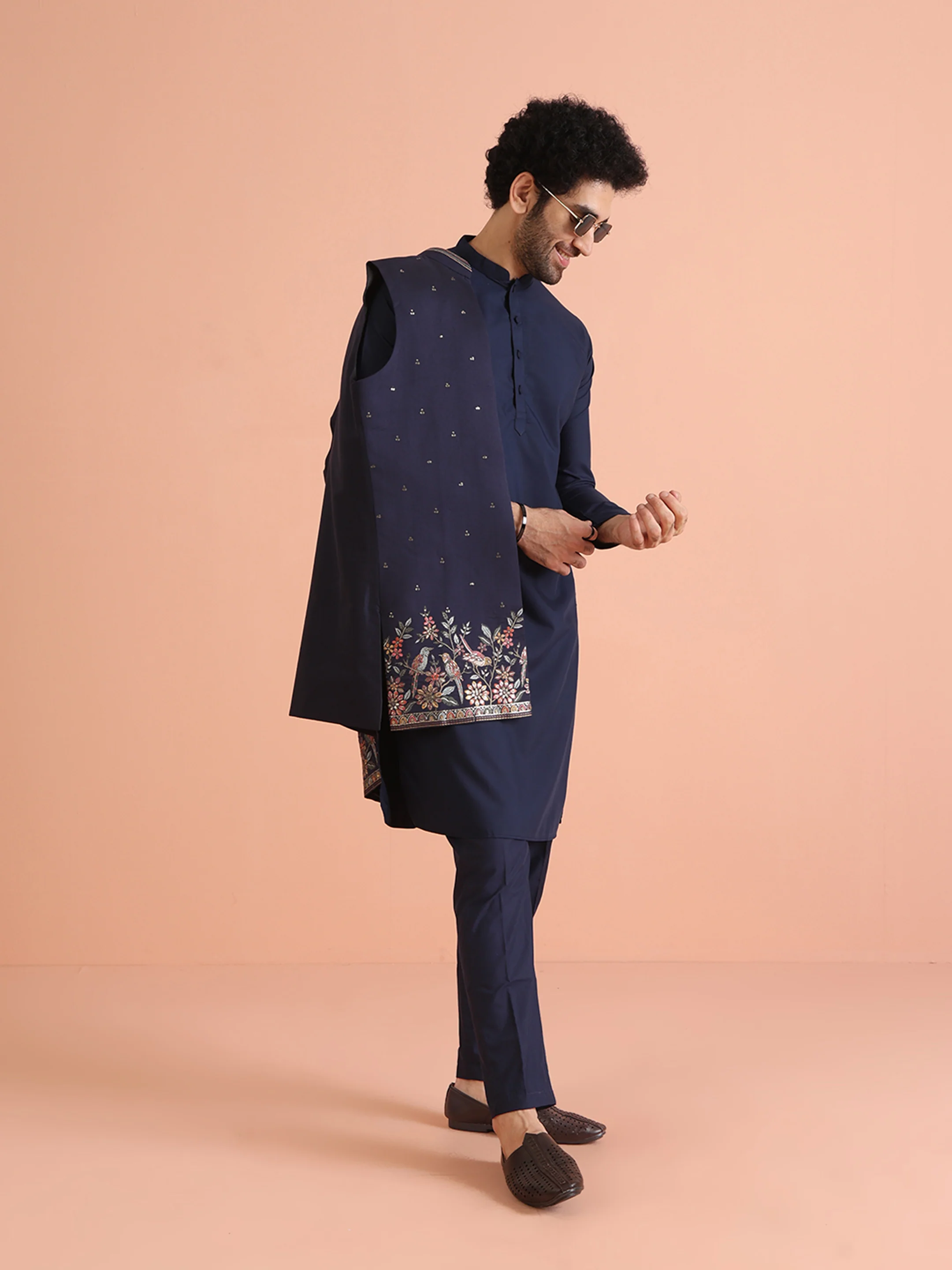 Navy Blue Embroidered Jacket Set