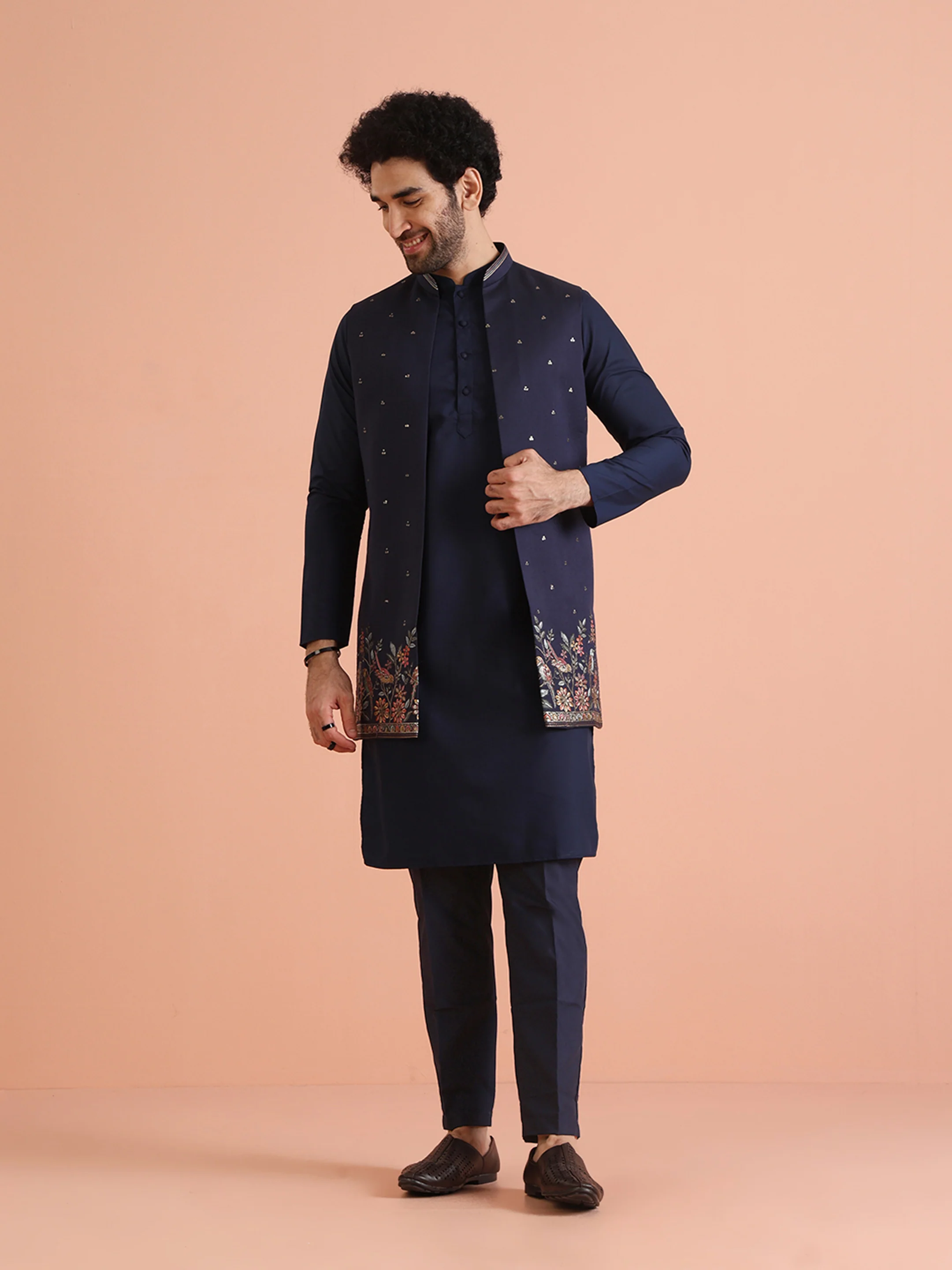 Navy Blue Embroidered Jacket Set - Image 2