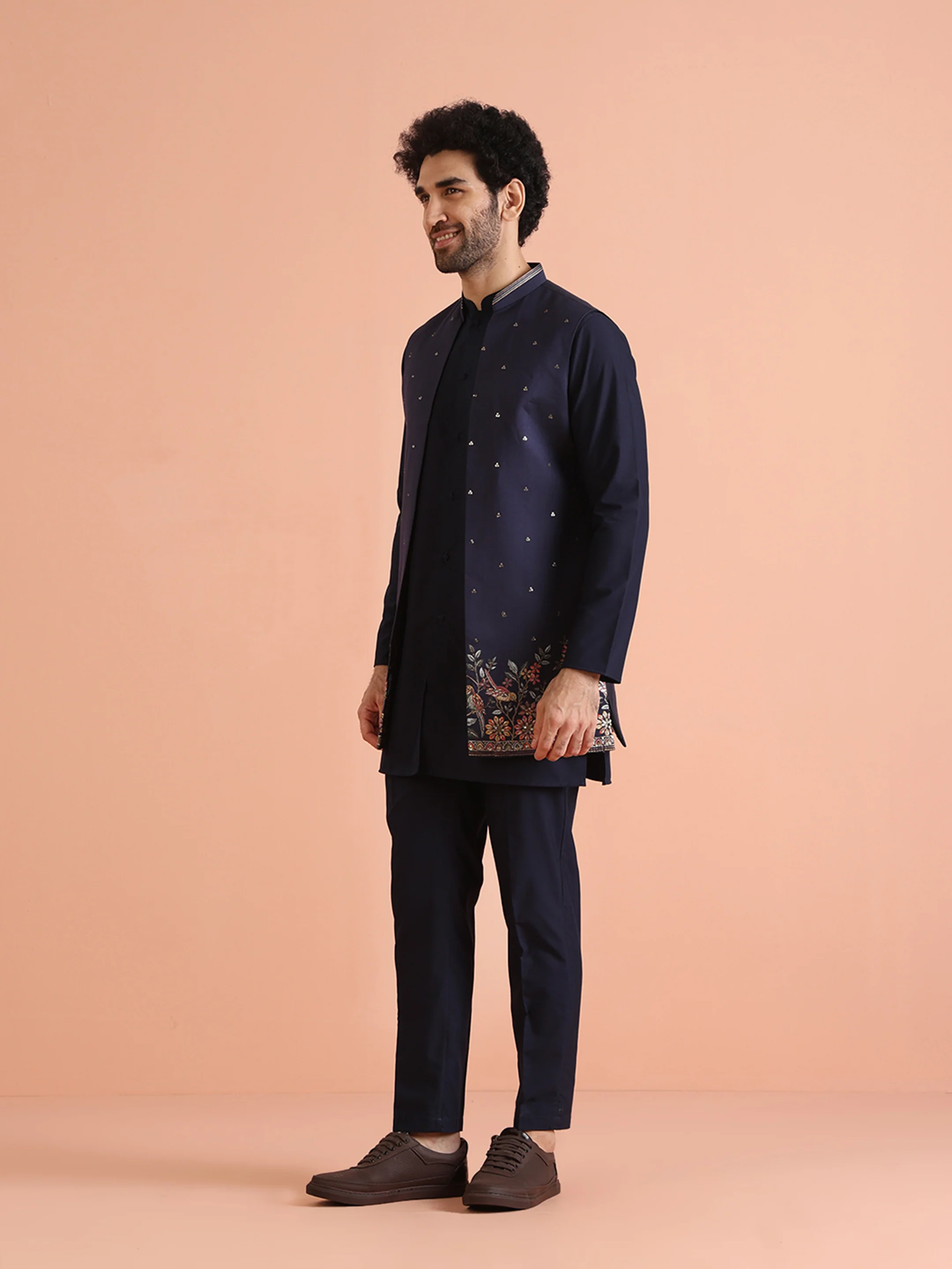 Navy Blue Thread Work Nehru Jacket Kurta Set - Image 3